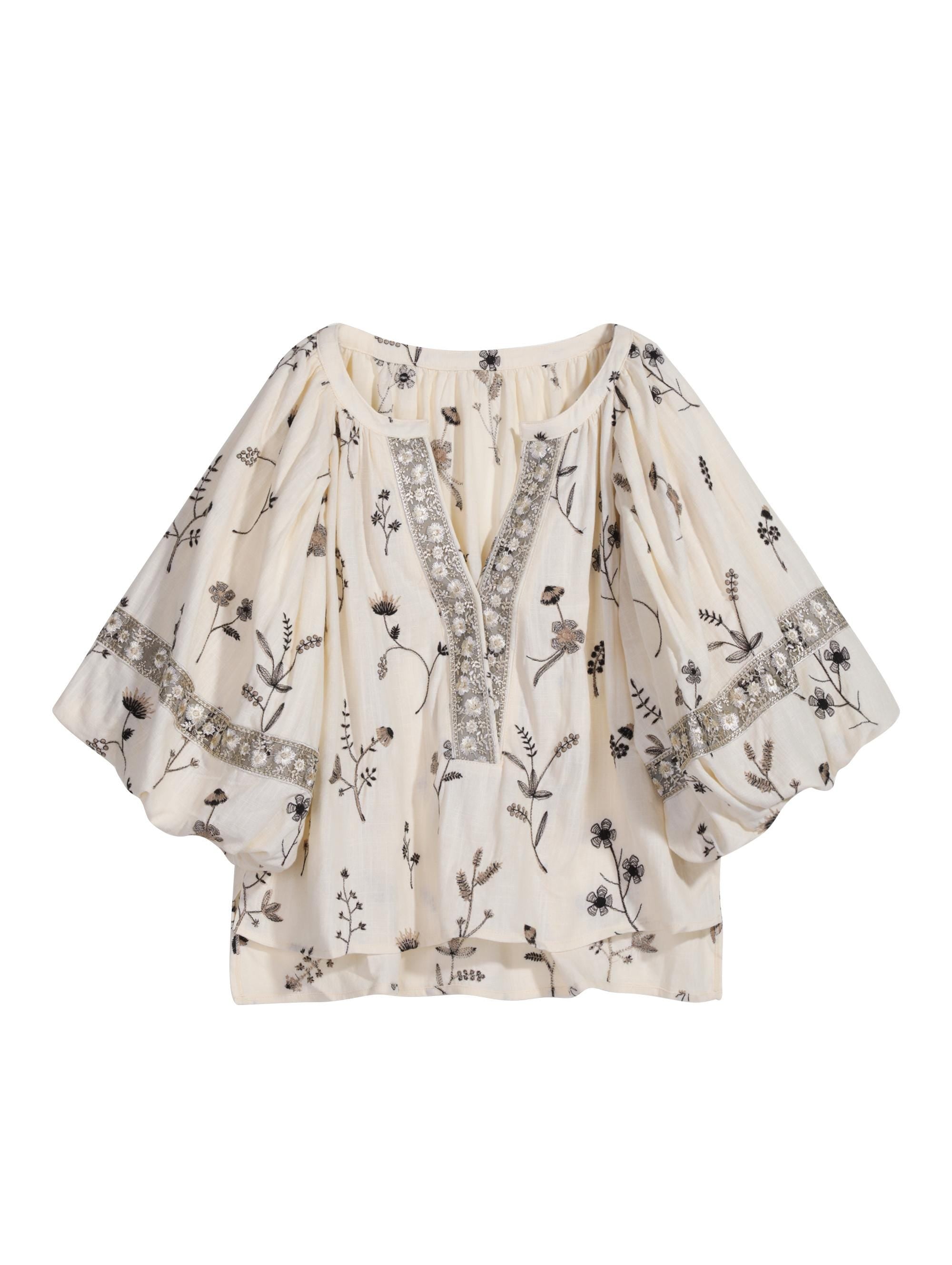 Vintage-Inspired Floral Embroidered Linen-Blend Boho Blouse with Balloon Sleeves