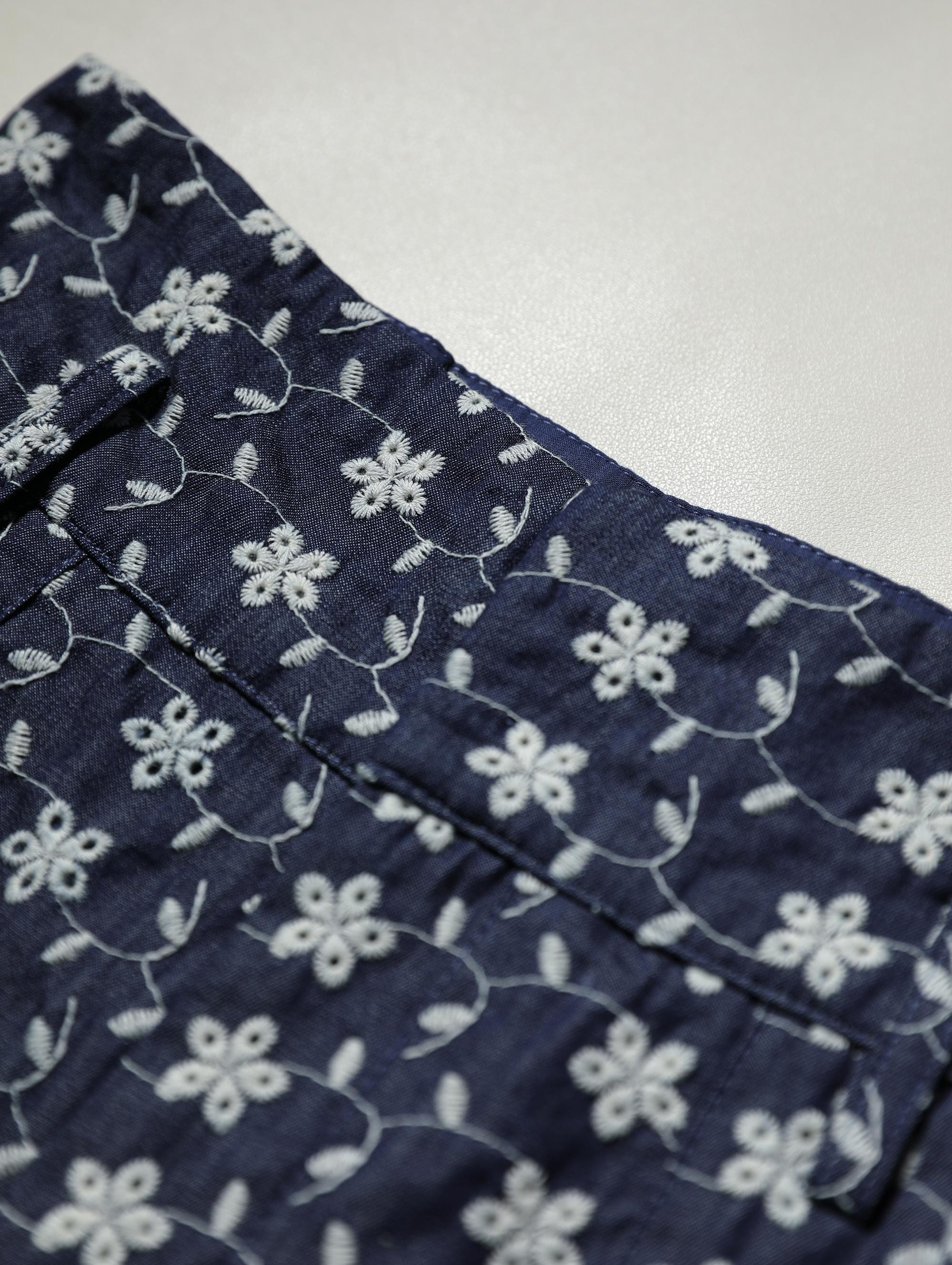 Navy Blue Linen-Blend Floral High-Waist Shorts for Women, Boho Summer Style