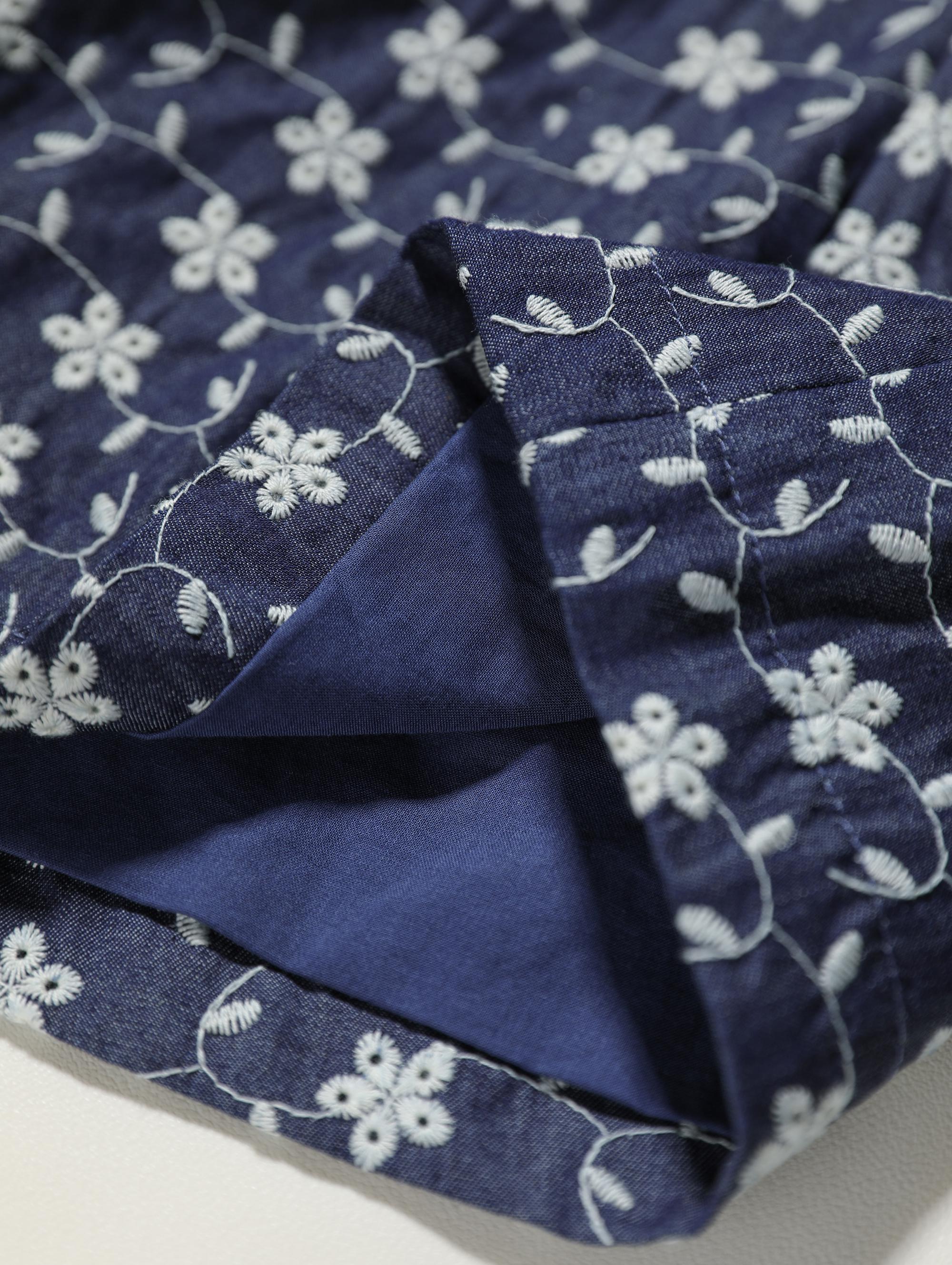 Navy Blue Linen-Blend Floral High-Waist Shorts for Women, Boho Summer Style