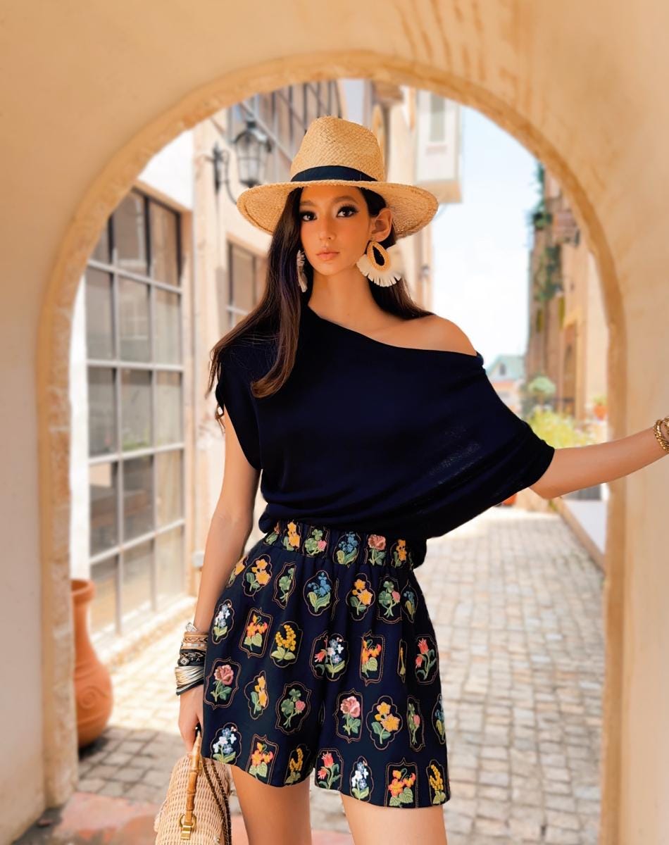 Floral Linen-Blend Boho Shorts, Elastic Waist Summer Shorts with Colorful Flower Print