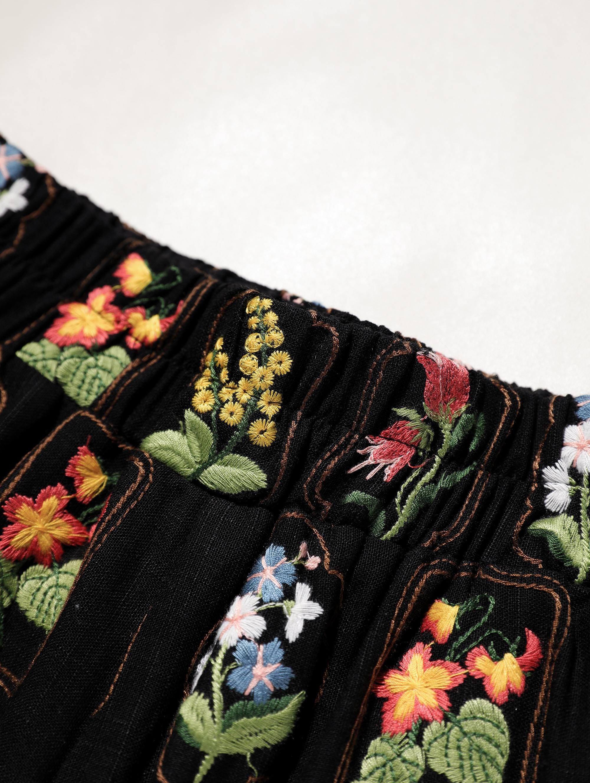 Floral Linen-Blend Boho Shorts, Elastic Waist Summer Shorts with Colorful Flower Print