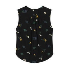 Linen-Blend Black Floral Sleeveless Wrap-Style Top for Effortless Summer Style
