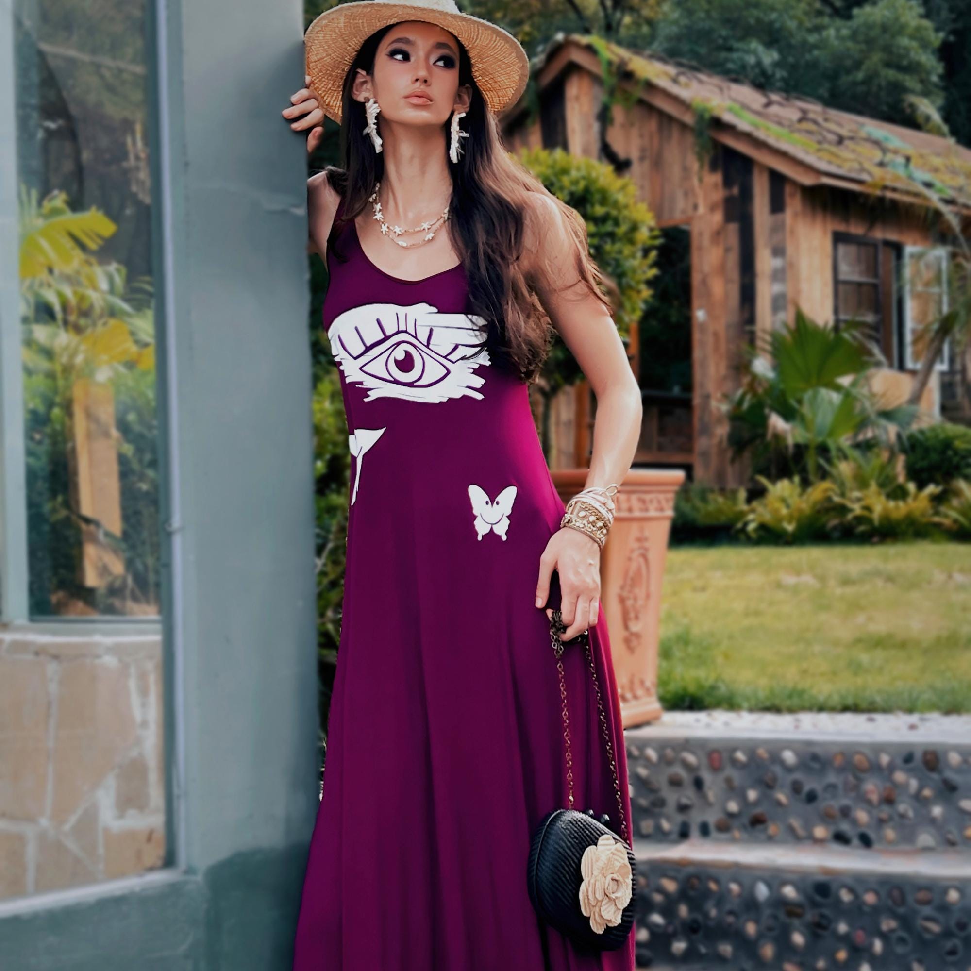 Linen-Blend Purple Graphic Maxi Dress with Spaghetti Straps for Effortless Boho Vibes