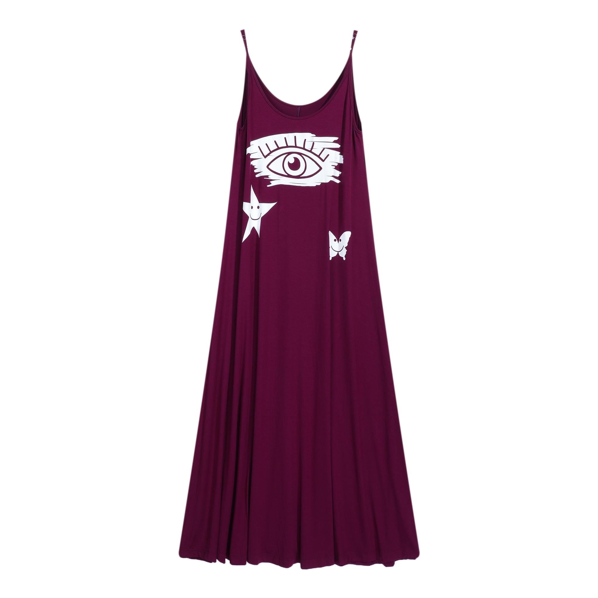 Linen-Blend Purple Graphic Maxi Dress with Spaghetti Straps for Effortless Boho Vibes
