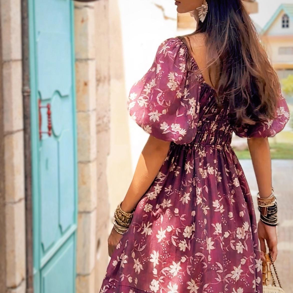 Women's Purple Floral Puff-Sleeve Linen Blend Dress (Summer Midi) Dabuwawa Women's Purple Floral Puff-Sleeve Linen Blend Dress (Summer Midi) Dabuwawa