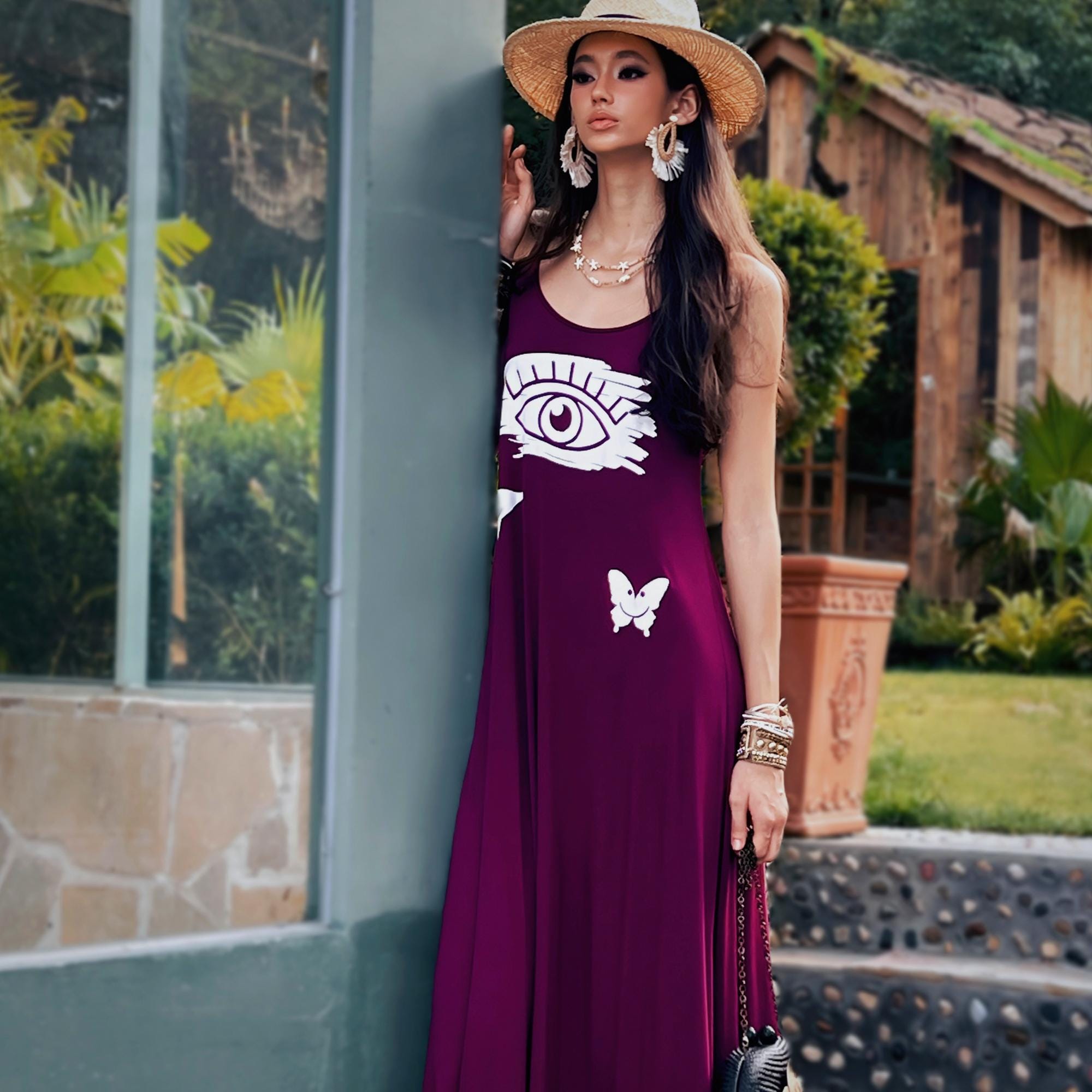 Linen-Blend Purple Graphic Maxi Dress with Spaghetti Straps for Effortless Boho Vibes
