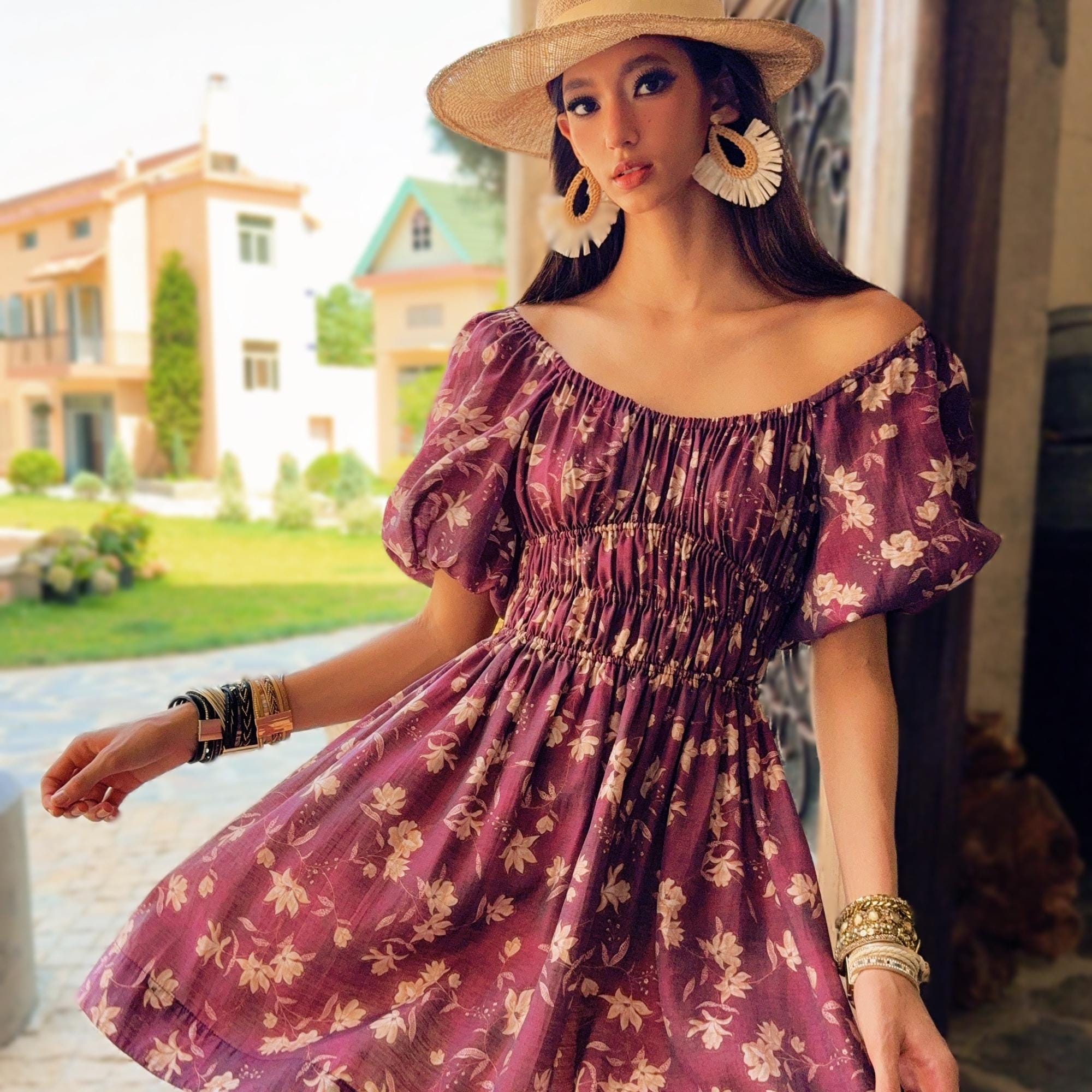 Linen-Blend Purple Floral Puff-Sleeve Dress for Romantic Summer Days