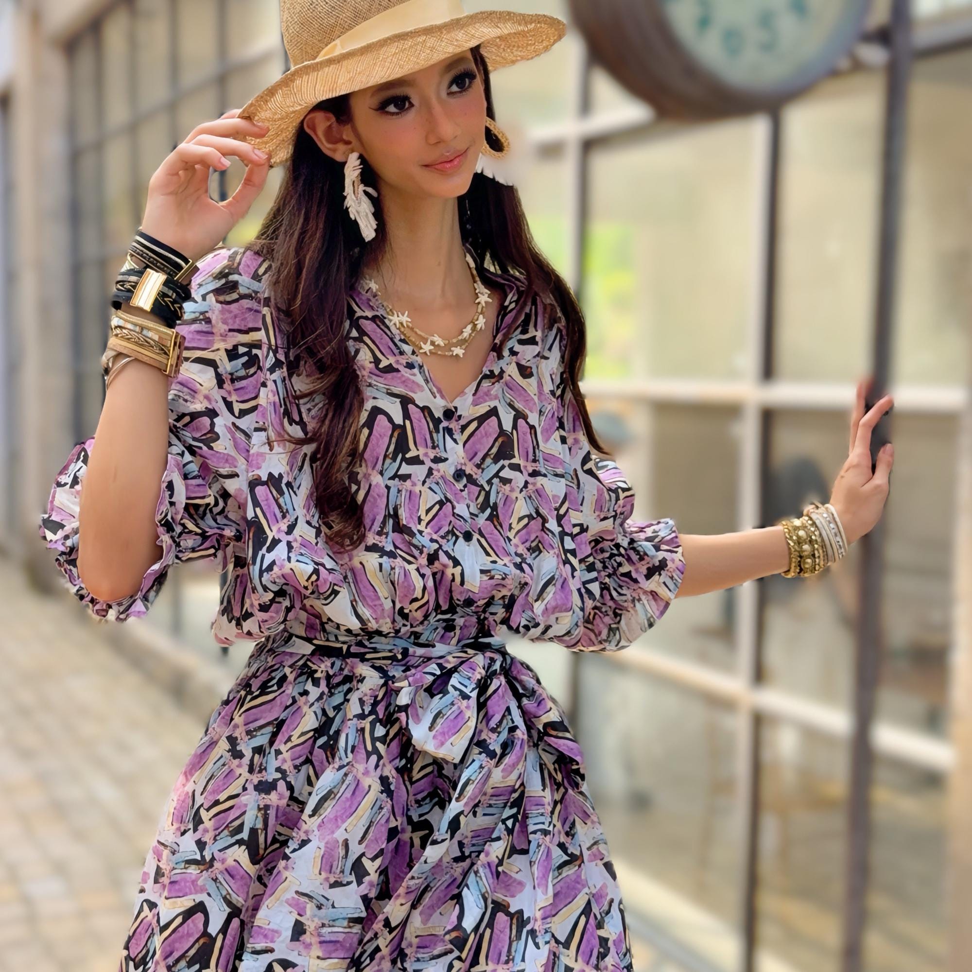 Purple Brushstroke Print Linen-Blend Puff Sleeve Dress with Waist Tie