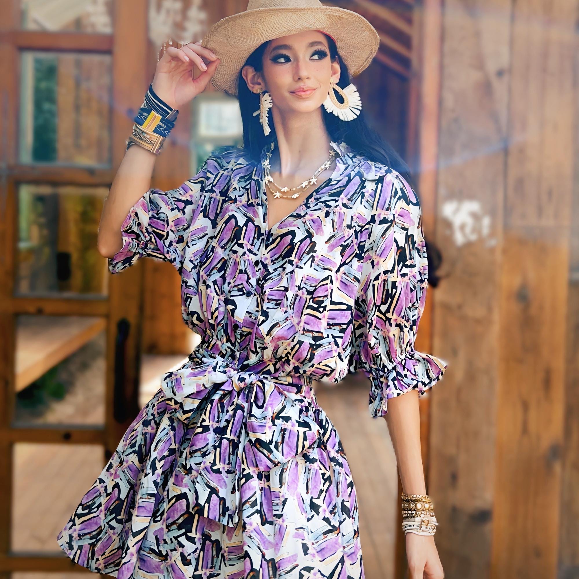 Purple Brushstroke Print Linen-Blend Puff Sleeve Dress with Waist Tie