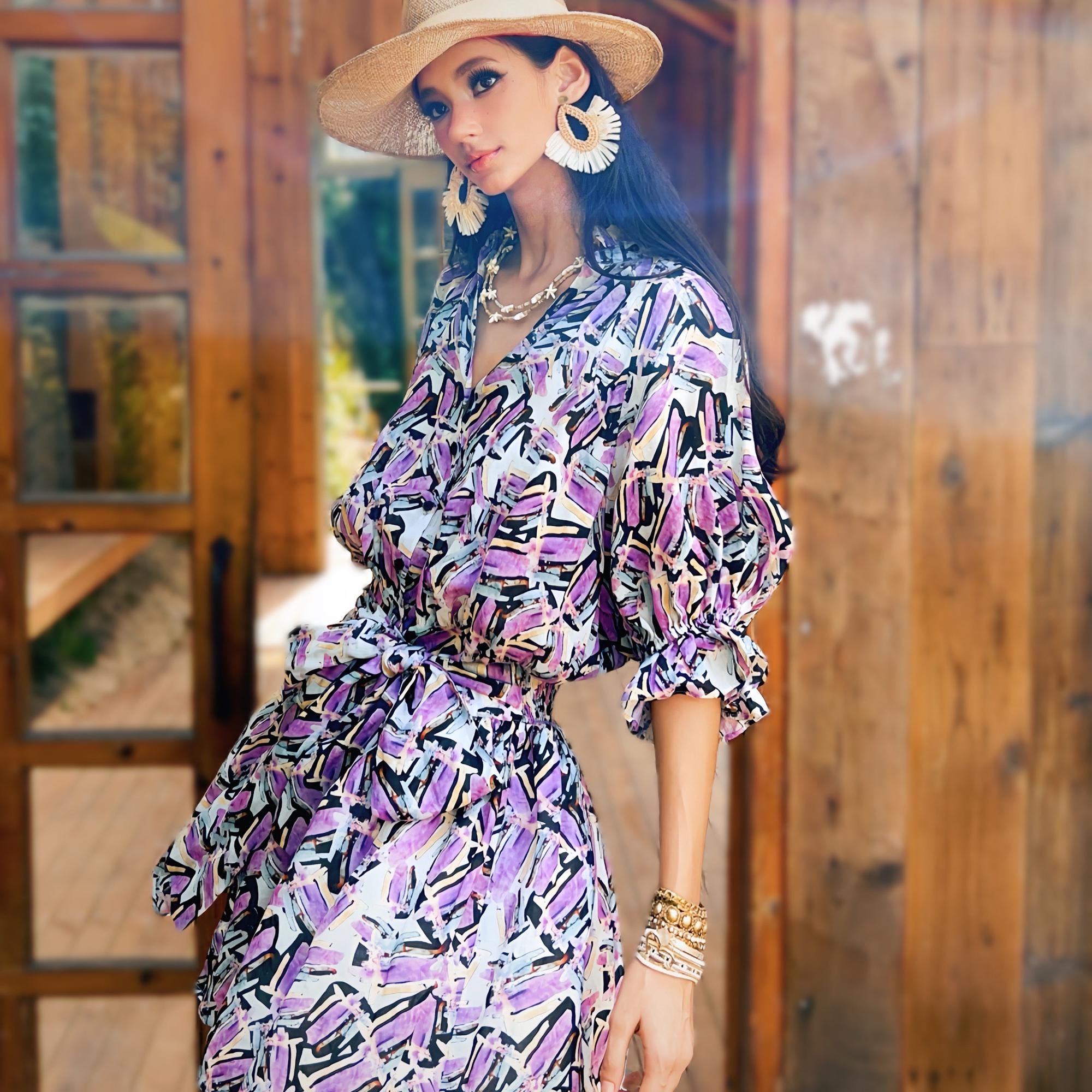 Purple Brushstroke Print Linen-Blend Puff Sleeve Dress with Waist Tie