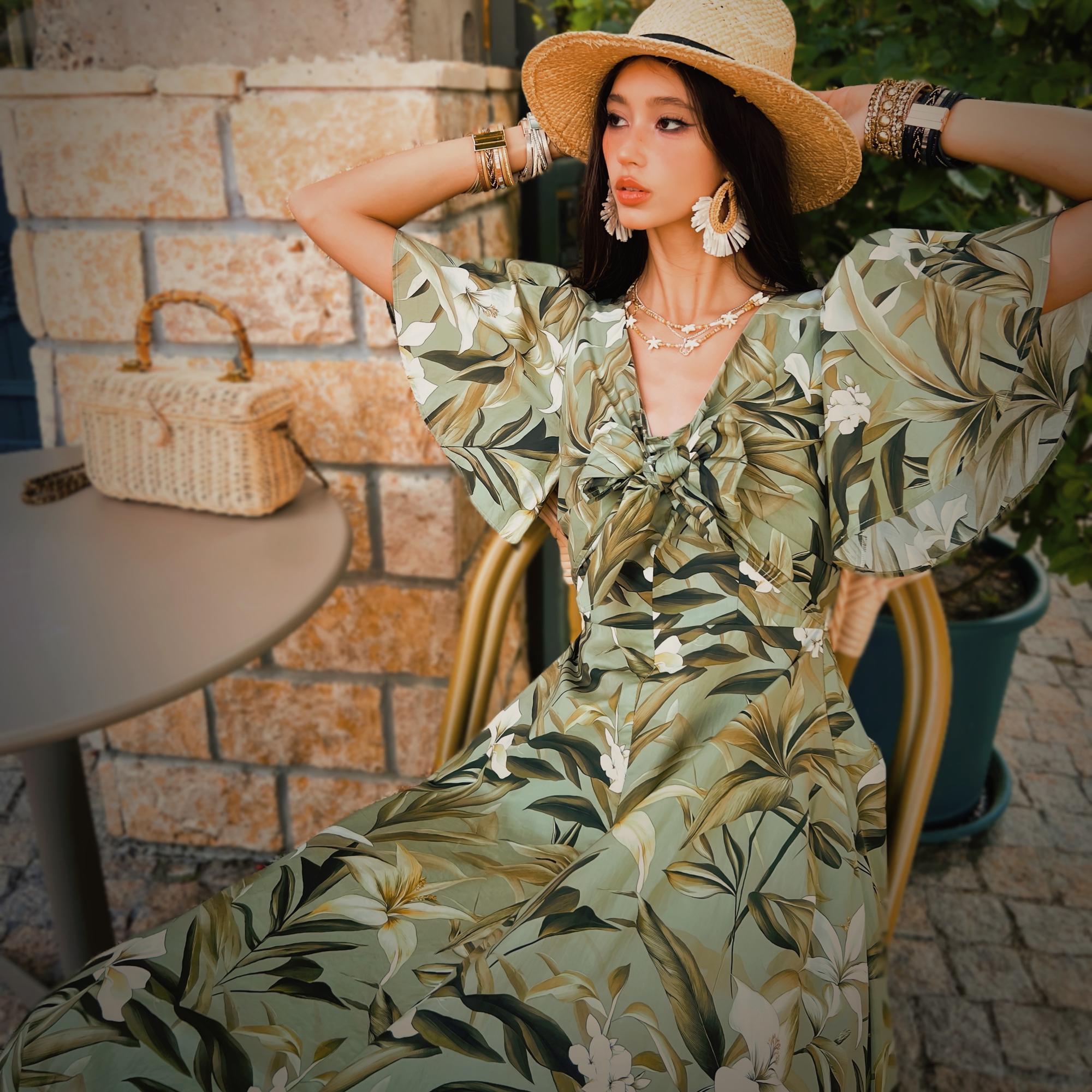 Floral Maxi Dress Green Boho, Natural-Fiber Blend, Flowy Summer Dress, V-Neck, Vintage Style, Garden Party Dress