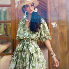 Green Floral Mini Dress Boho, Natural-Fiber Blend, Ruffle Neck, Puff Sleeve, Belted Summer Dress