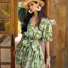Green Floral Mini Dress Boho, Natural-Fiber Blend, Ruffle Neck, Puff Sleeve, Belted Summer Dress