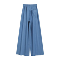 Wide Leg Palazzo Pants Blue, Natural-Fiber Blend, High Waist, Boho Summer Trousers, Lightweight Lounge Pants