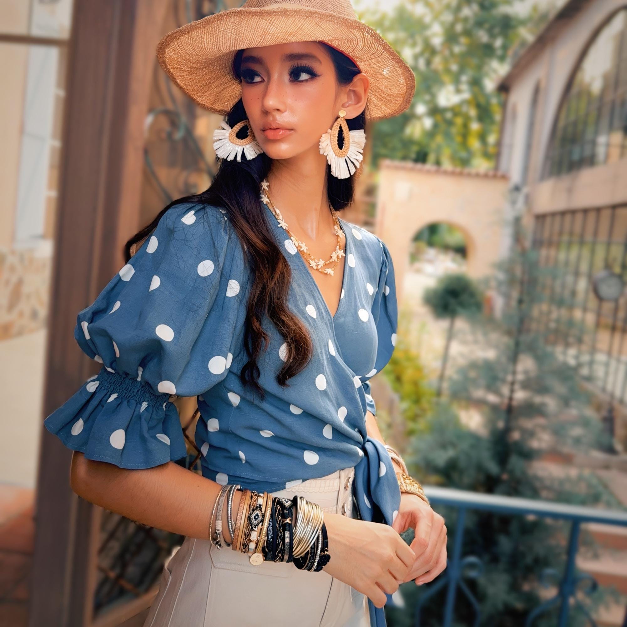 Boho Puff Sleeve Wrap Top | Blue Polka Dot Cotton Blouse Women | Adjustable Tie Waist