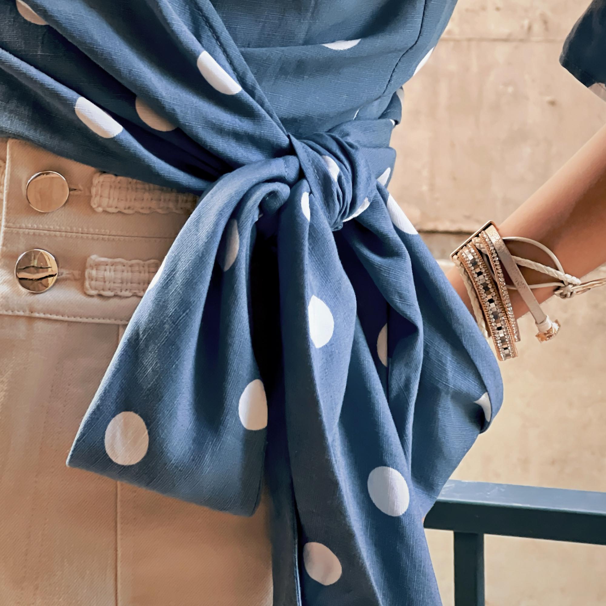 Boho Puff Sleeve Wrap Top | Blue Polka Dot Cotton Blouse Women | Adjustable Tie Waist