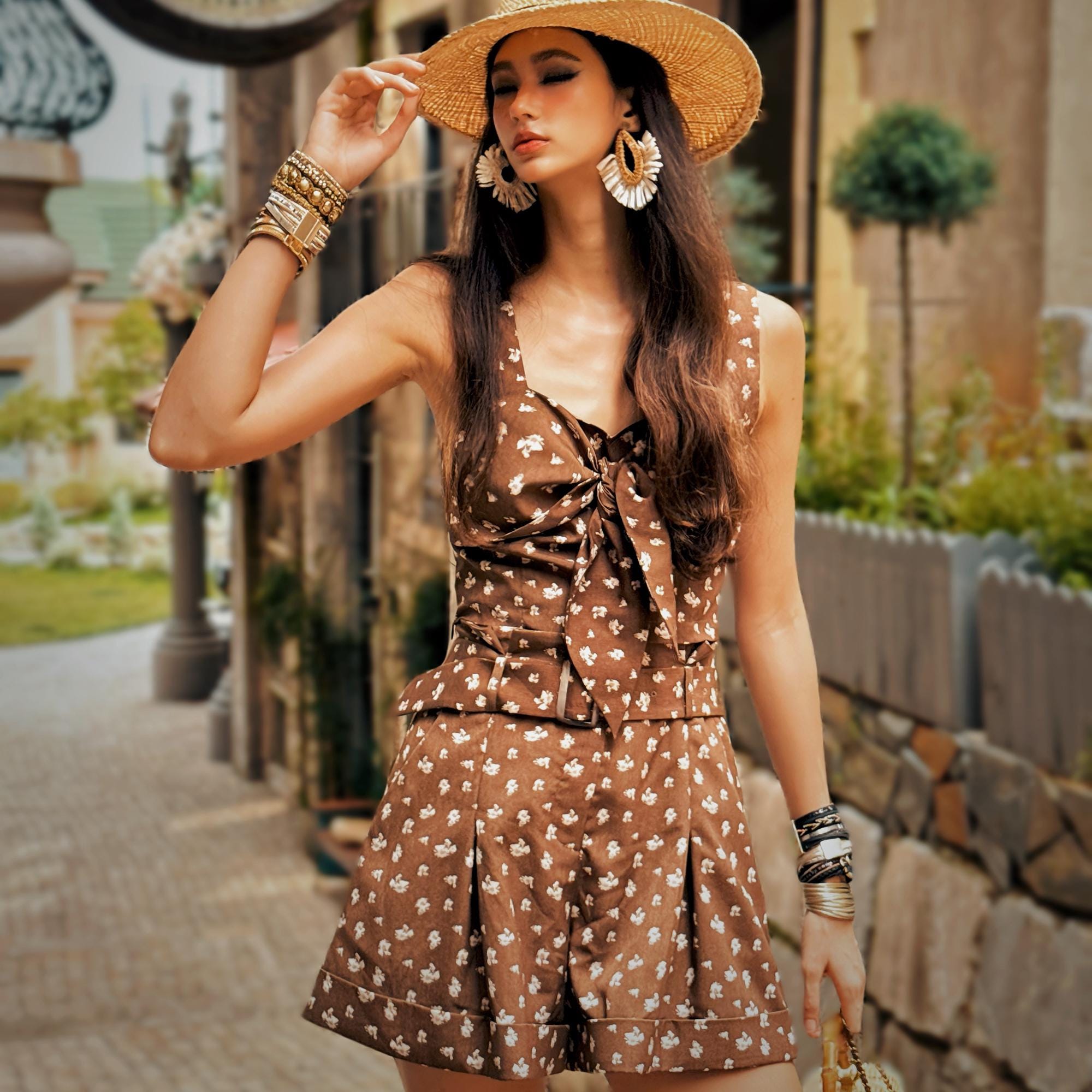 Brown Floral High-Waist Shorts, Natural-Fiber Blend, Boho Summer Belted Shorts