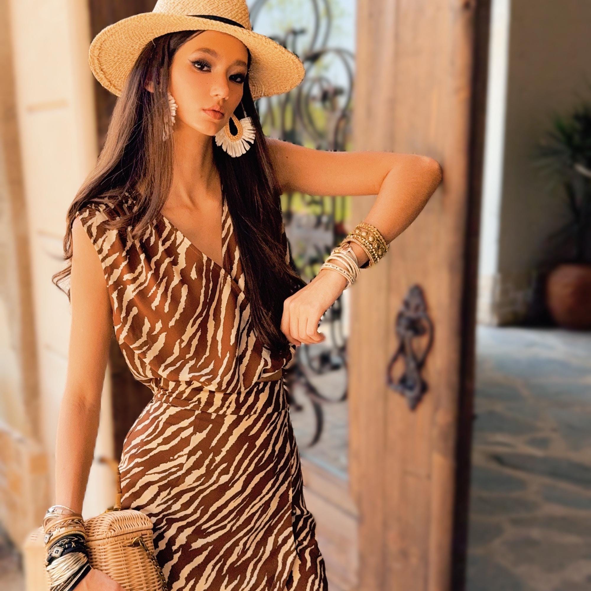 Zebra Print Sleeveless Wrap Blouse, Brown White, Natural-Fiber Blend, Boho Summer Top