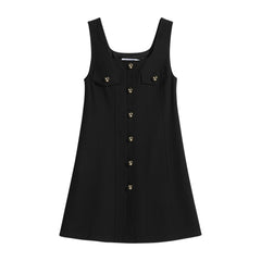 Black Button-Front Mini Dress, Natural-Fiber Blend, Sleeveless Retro Shift Dress with Gold Accents