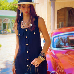 Black Button-Front Mini Dress, Natural-Fiber Blend, Sleeveless Retro Shift Dress with Gold Accents