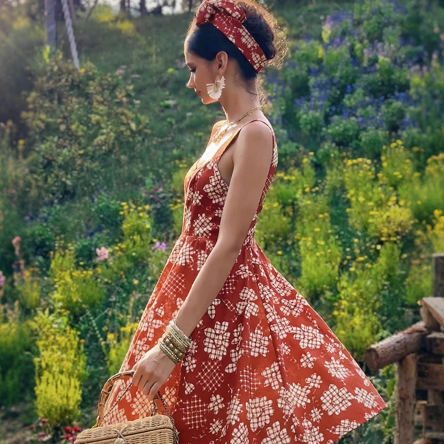 Rust Red Floral Sundress, Natural-Fiber Blend, Boho Fit and Flare Summer Dress