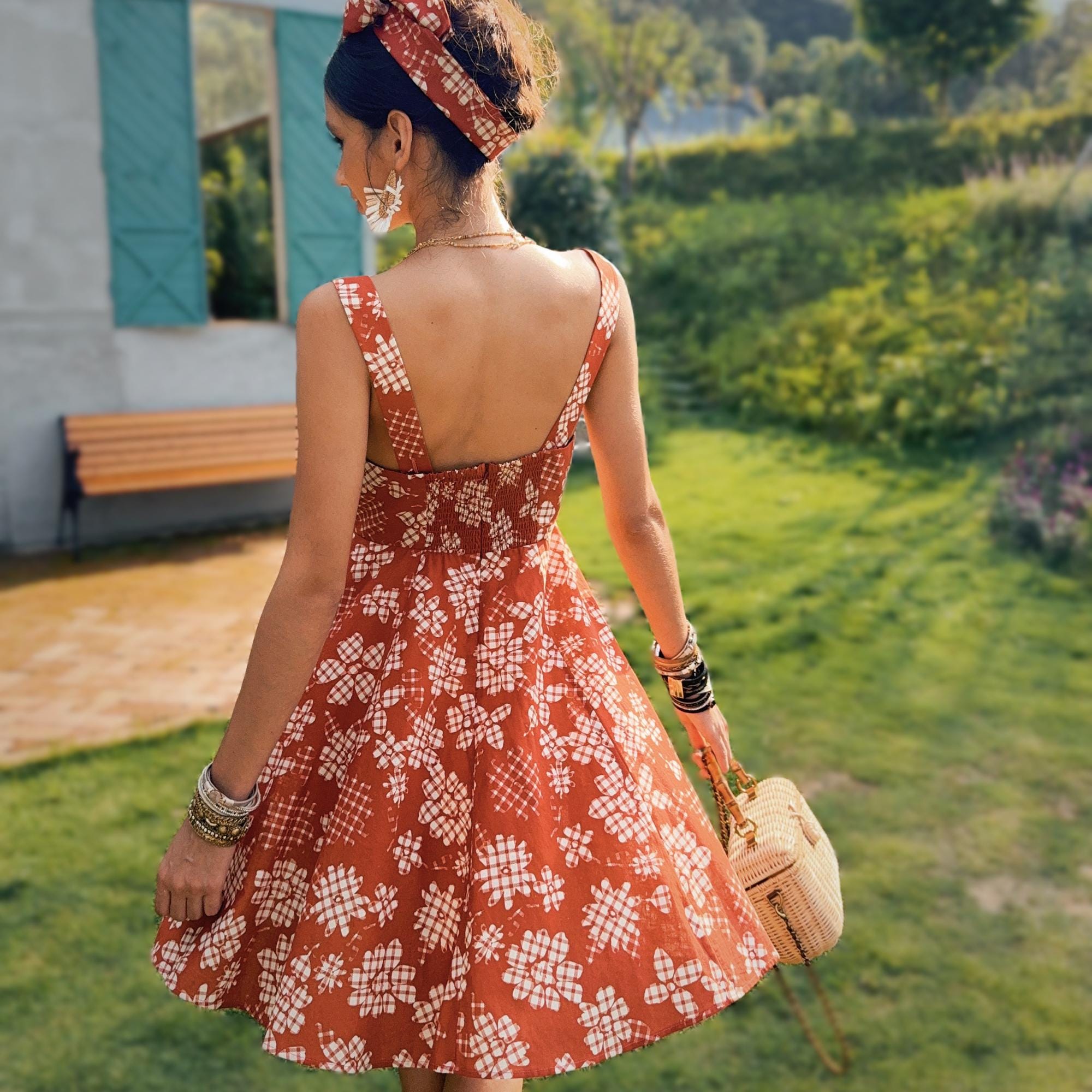 Rust Red Floral Sundress, Natural-Fiber Blend, Boho Fit and Flare Summer Dress