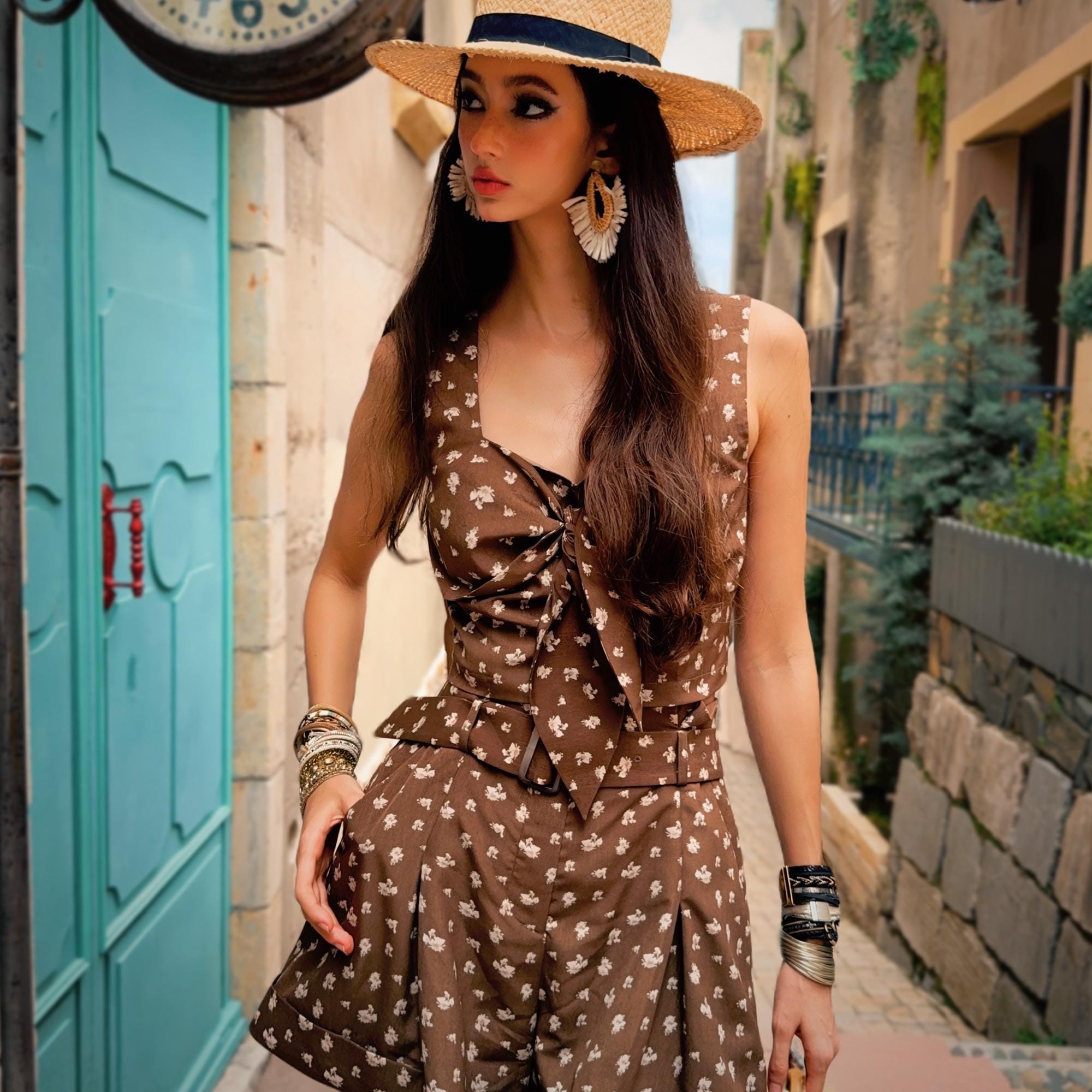 Brown Floral Bow Crop Top, Natural-Fiber Blend, Boho Summer Tank Top