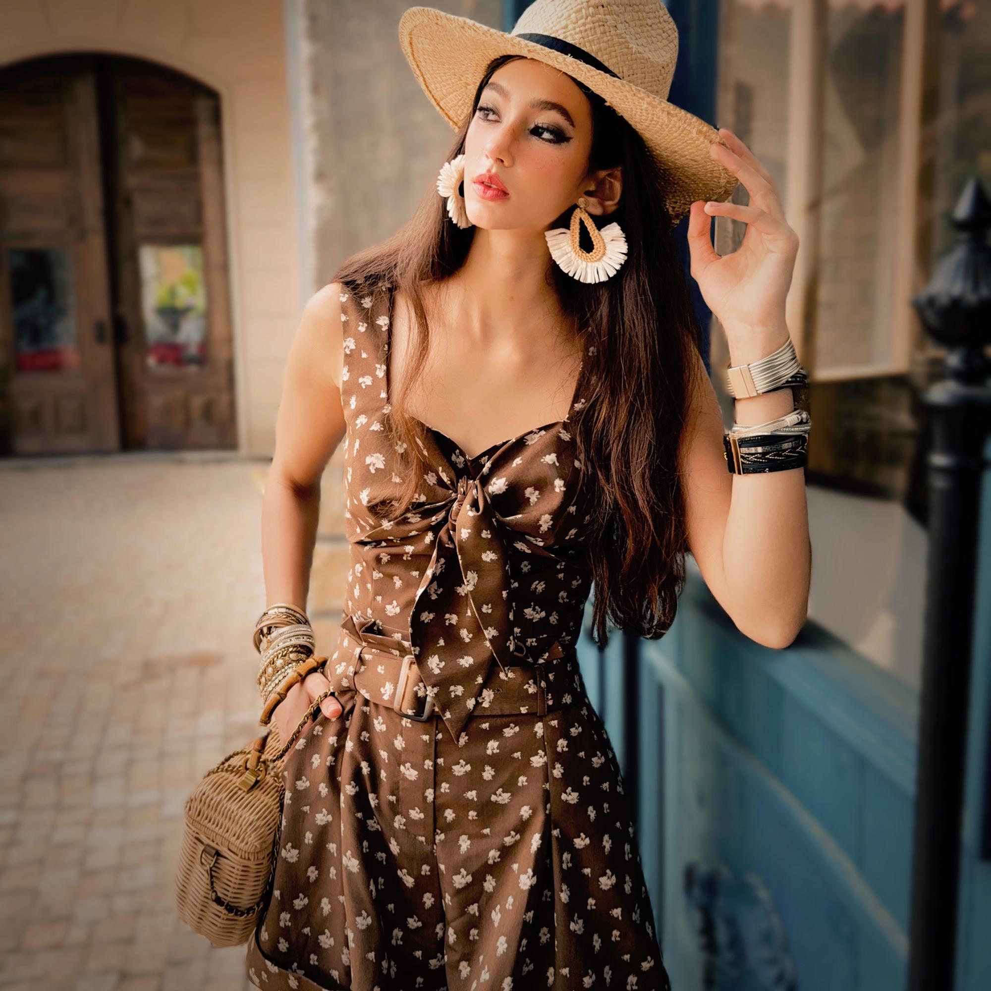 Brown Floral Bow Crop Top, Natural-Fiber Blend, Boho Summer Tank Top