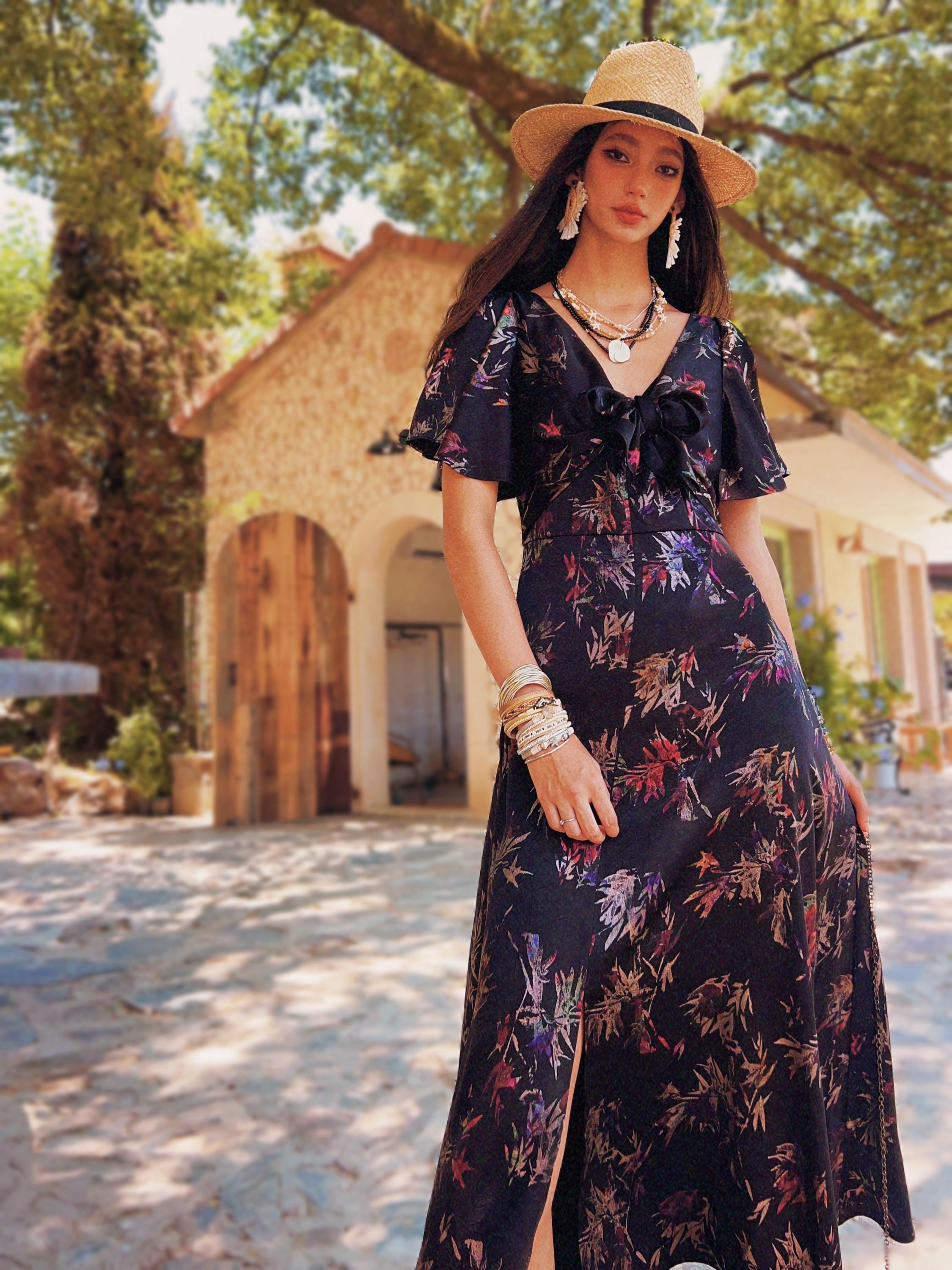 Boho Maxi Dress Black Floral – Modest Ruched Waist Summer Boho Dress, Exotic Floral Print, Tiered Skirt Midi, Beach Day Womens Clothing
