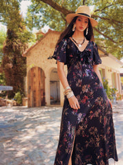 Boho Maxi Dress Black Floral – Modest Ruched Waist Summer Boho Dress, Exotic Floral Print, Tiered Skirt Midi, Beach Day Womens Clothing