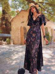 Boho Maxi Dress Black Floral – Modest Ruched Waist Summer Boho Dress, Exotic Floral Print, Tiered Skirt Midi, Beach Day Womens Clothing