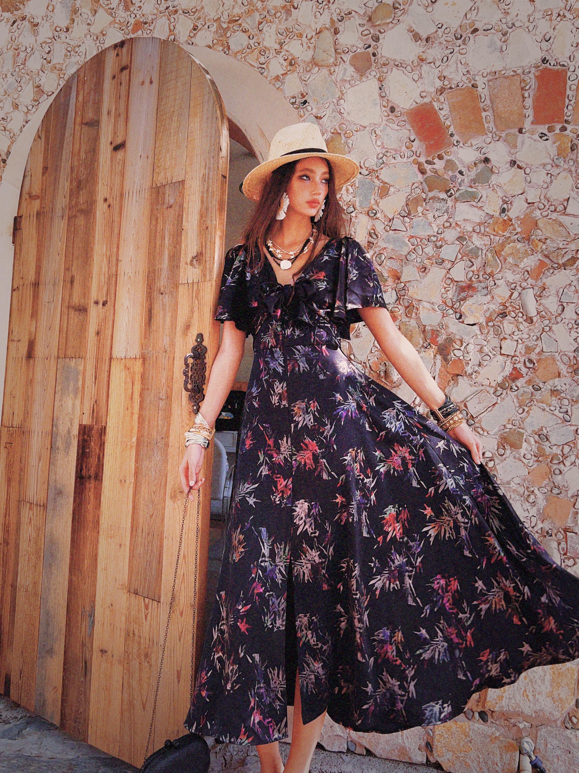 Boho Maxi Dress Black Floral – Modest Ruched Waist Summer Boho Dress, Exotic Floral Print, Tiered Skirt Midi, Beach Day Womens Clothing