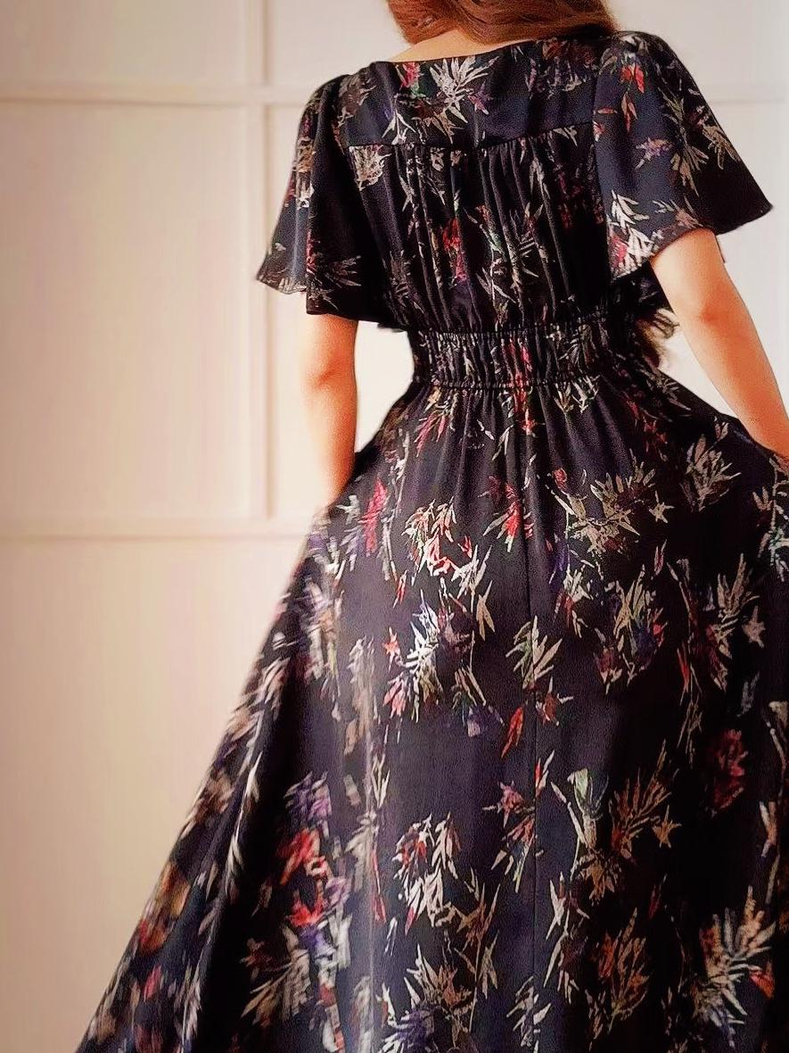 Boho Maxi Dress Black Floral – Modest Ruched Waist Summer Boho Dress, Exotic Floral Print, Tiered Skirt Midi, Beach Day Womens Clothing