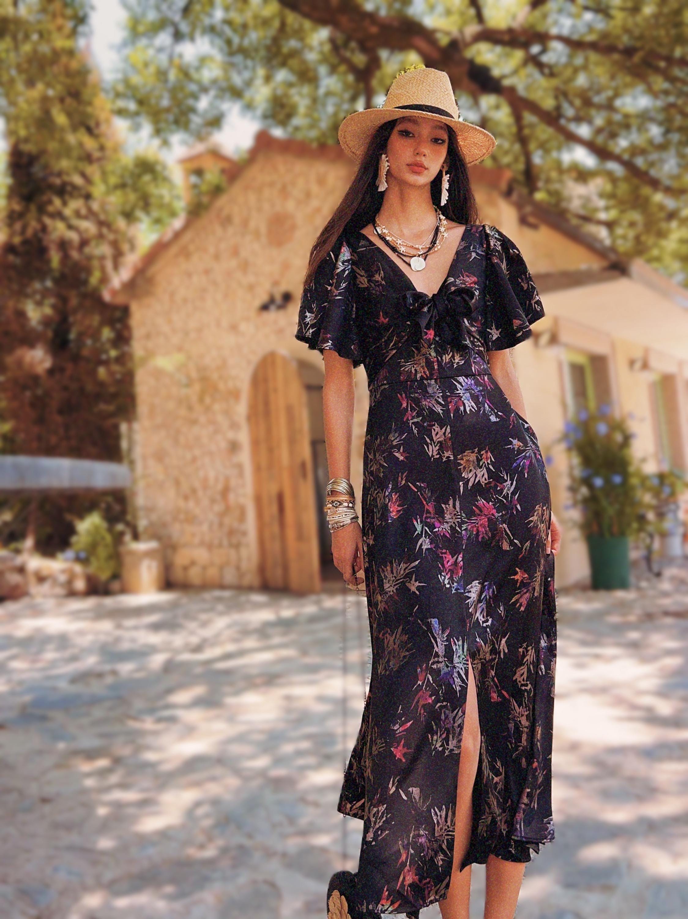 Boho Maxi Dress Black Floral – Modest Ruched Waist Summer Boho Dress, Exotic Floral Print, Tiered Skirt Midi, Beach Day Womens Clothing
