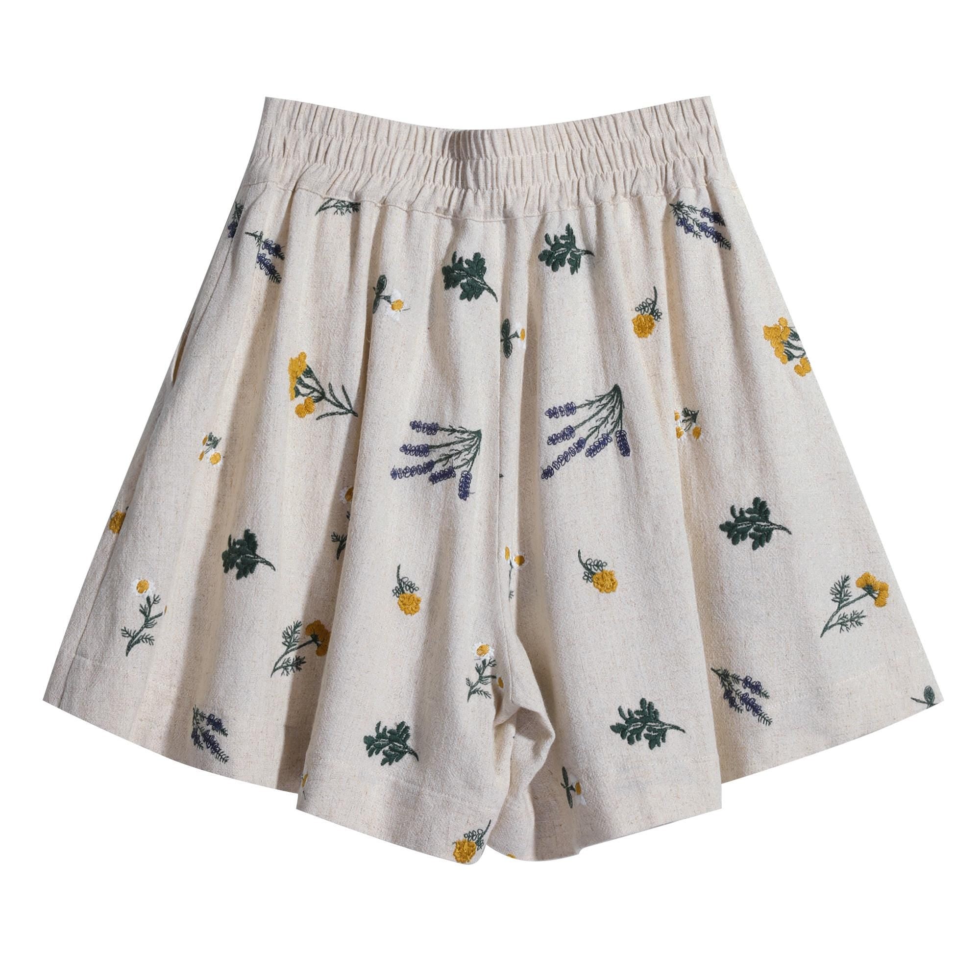 Linen-Blend Floral Print Elastic Waist Shorts with Relaxed Fit