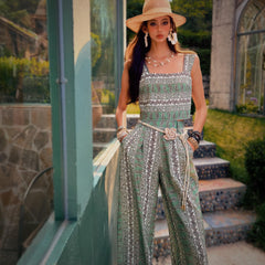 Linen-Blend Boho Wide Leg Pants in Vintage Paisley Print, High Waist Relaxed Fit Trousers