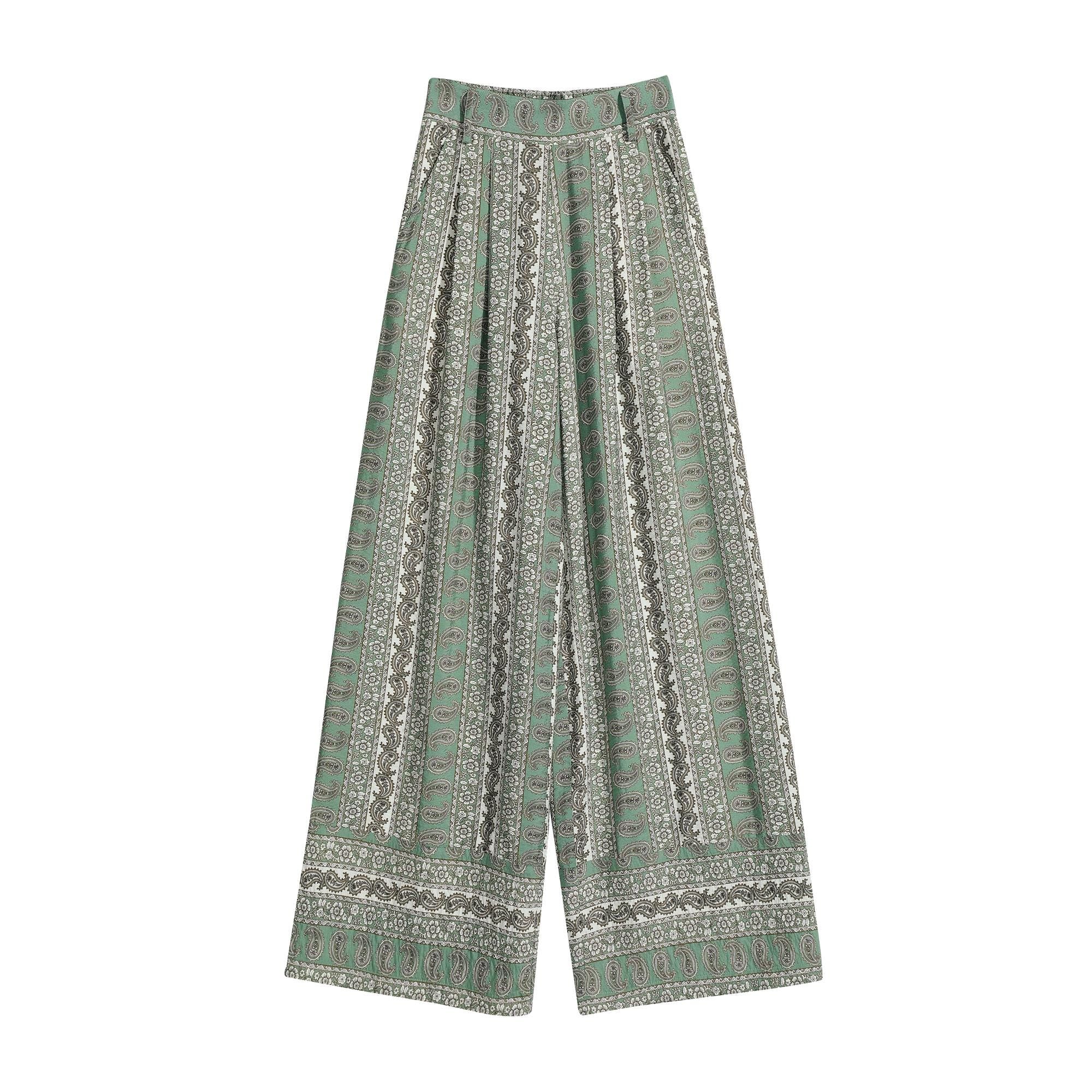 Linen-Blend Boho Wide Leg Pants in Vintage Paisley Print, High Waist Relaxed Fit Trousers