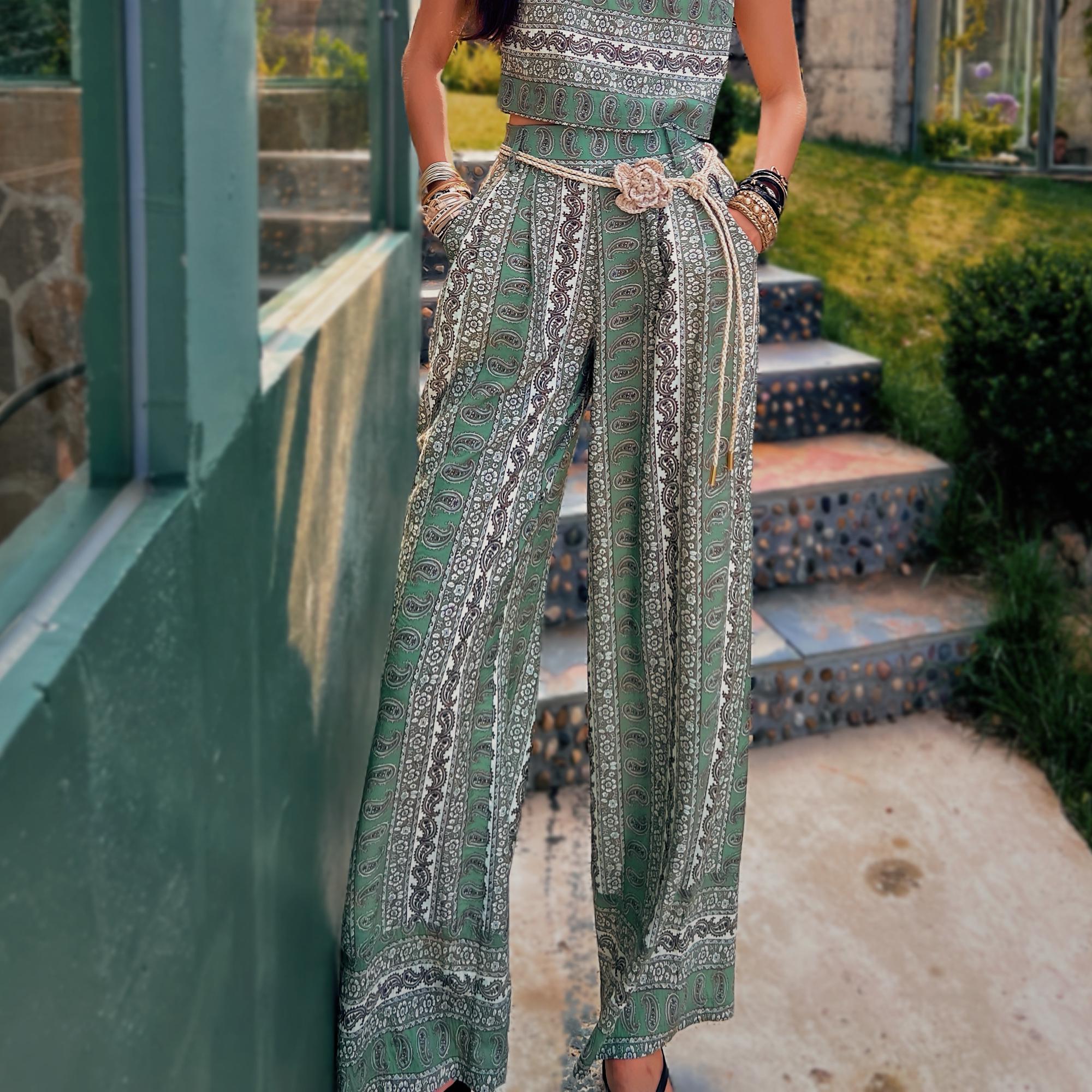Linen-Blend Boho Wide Leg Pants in Vintage Paisley Print, High Waist Relaxed Fit Trousers