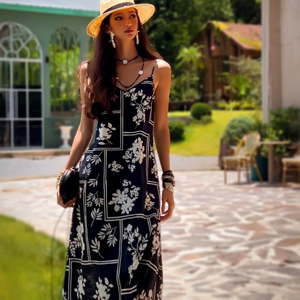Black Floral Patchwork Maxi Dress | Spaghetti Strap Boho Summer Slip Dress