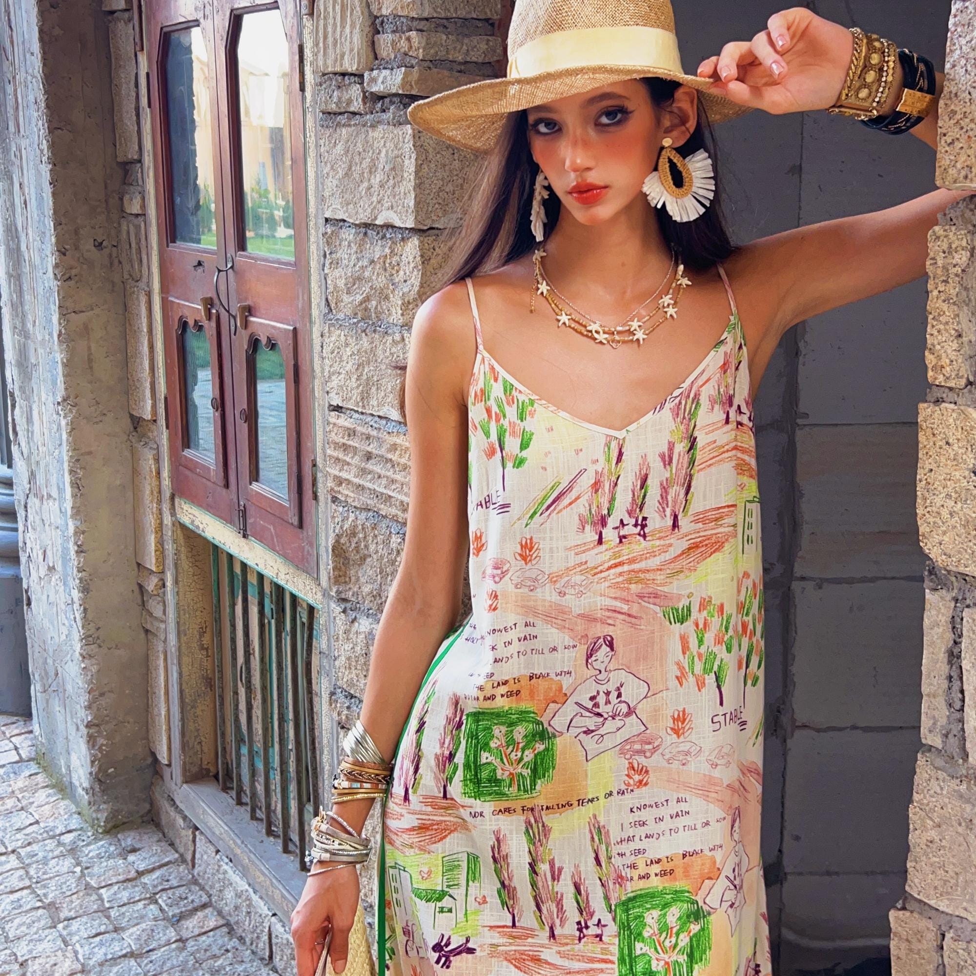 Boho Maxi Slip Dress | Printed Spaghetti Strap Summer Sundress