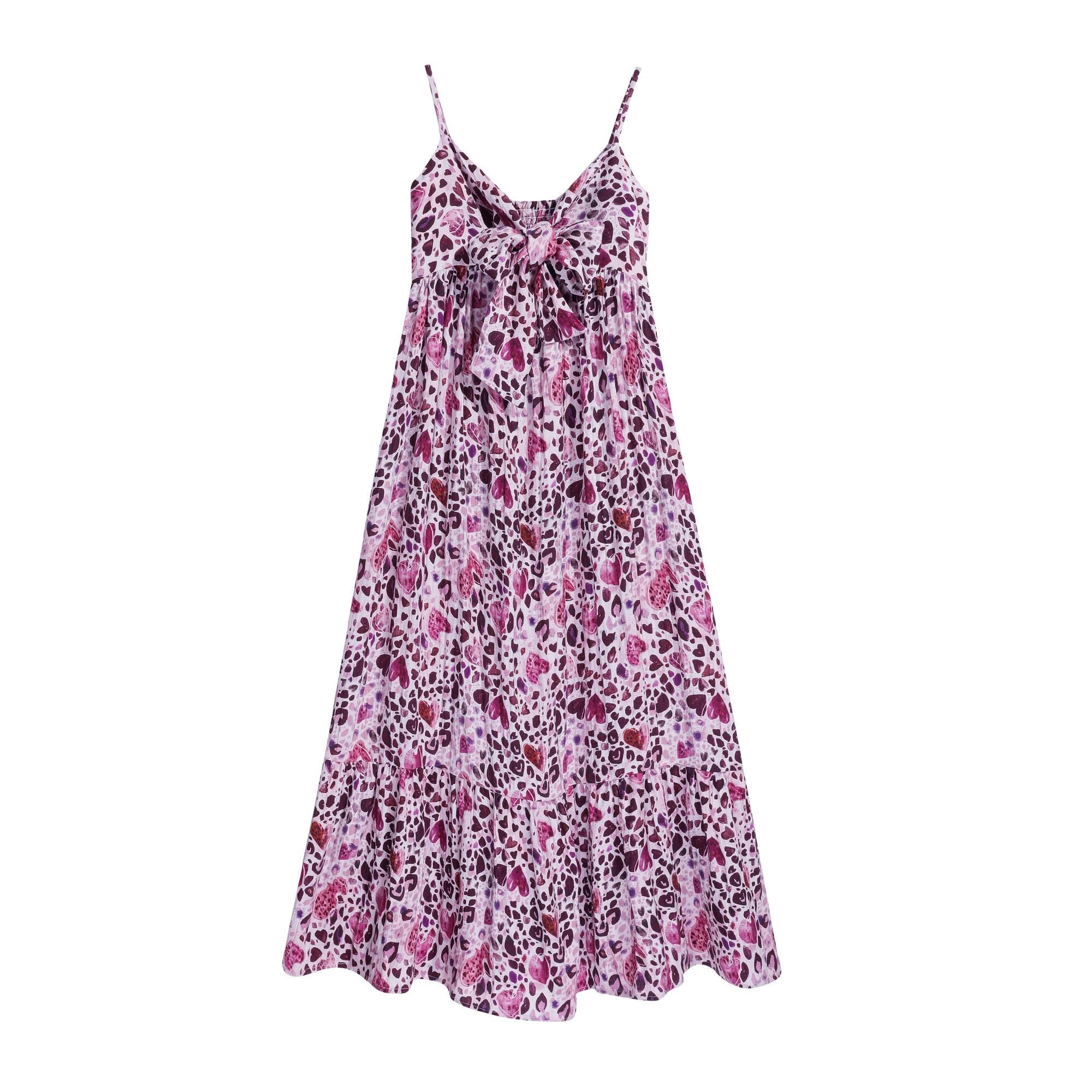 Pink Heart Print Maxi Dress | Spaghetti Strap Tie-Front Boho Summer Dress