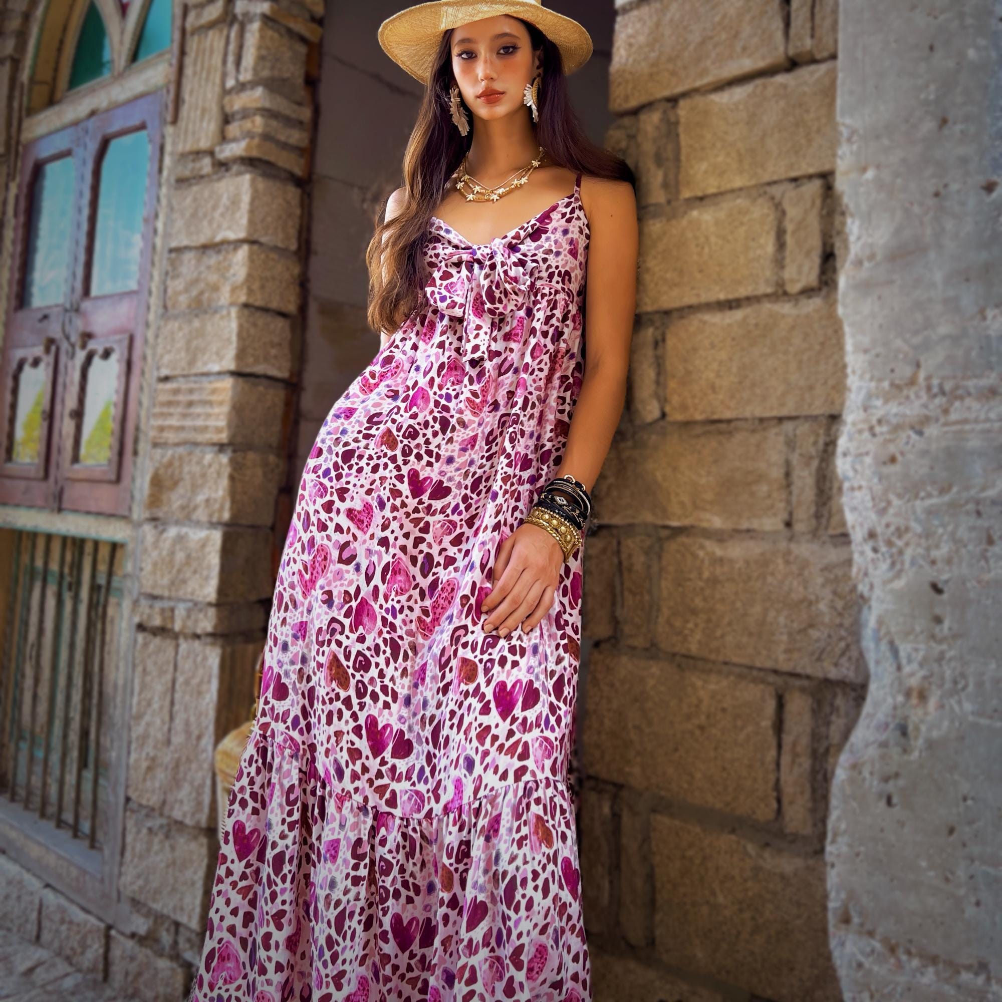 Pink Heart Print Maxi Dress | Spaghetti Strap Tie-Front Boho Summer Dress