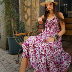 Pink Heart Print Maxi Dress | Spaghetti Strap Tie-Front Boho Summer Dress