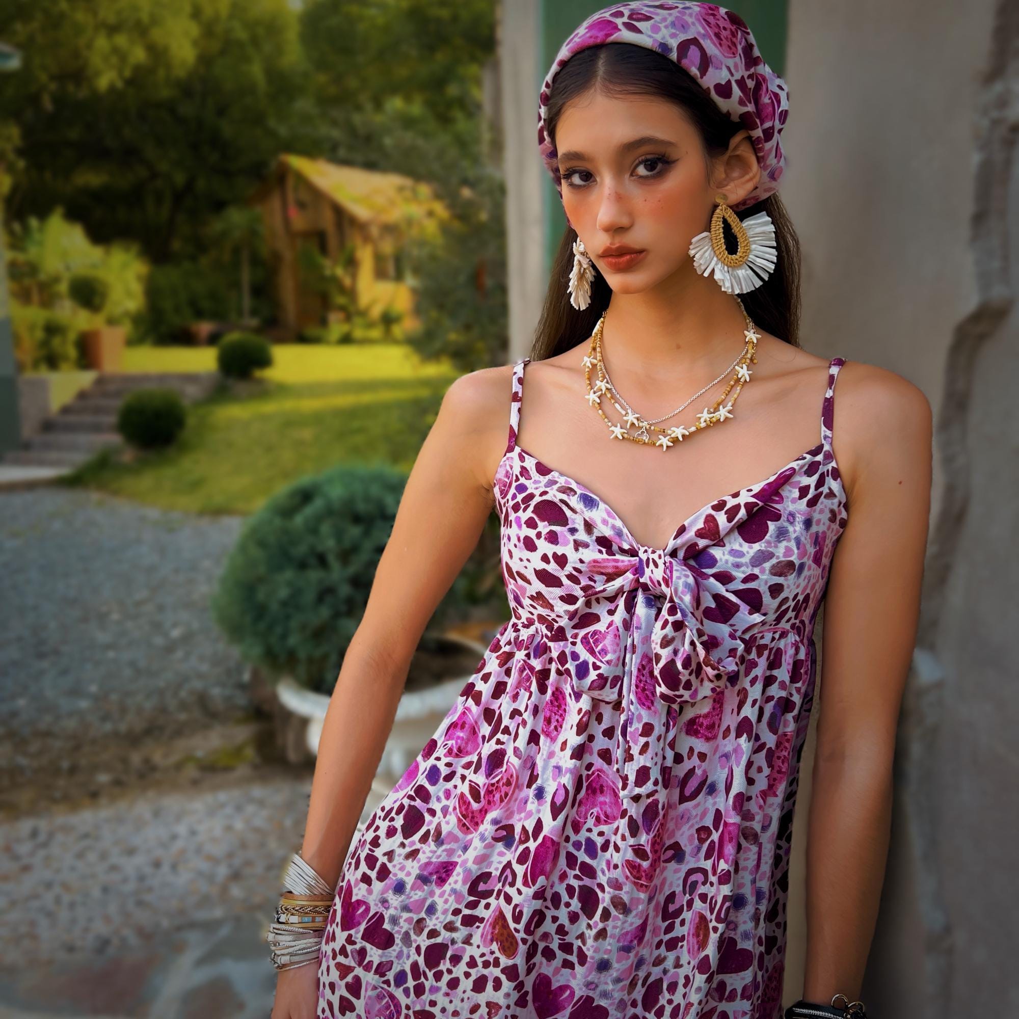 Pink Heart Print Maxi Dress | Spaghetti Strap Tie-Front Boho Summer Dress