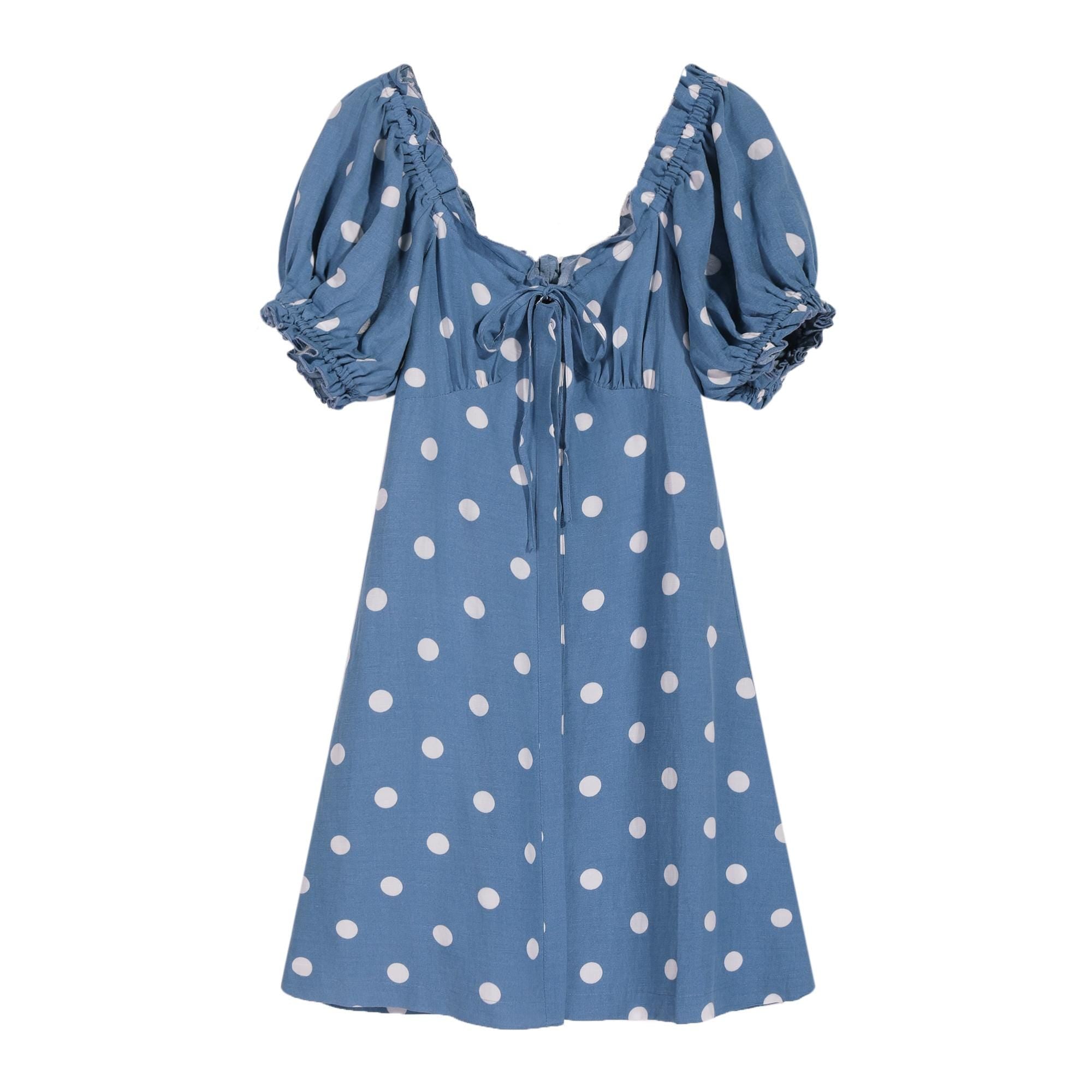 long sleeve blue polka dot dress Blue Round Neck Long Sleeve Polka Dot Midi Dress