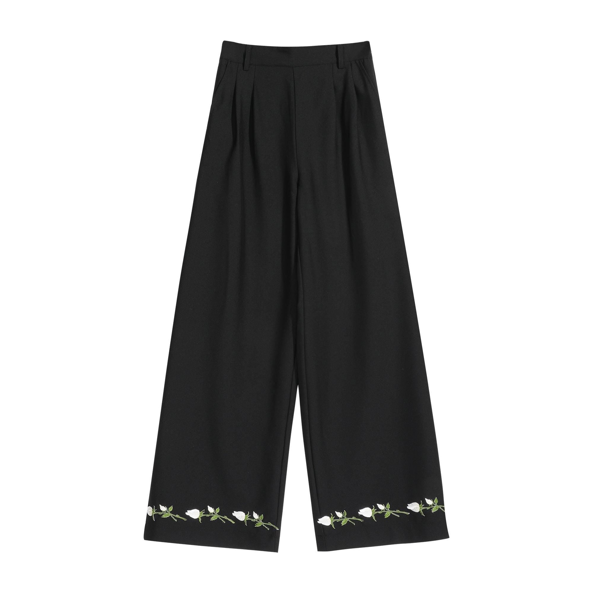 Wide Leg Black Pants Natural-Fiber Blend, Floral Embroidered Palazzo Trousers, Boho High Waist Summer Pants