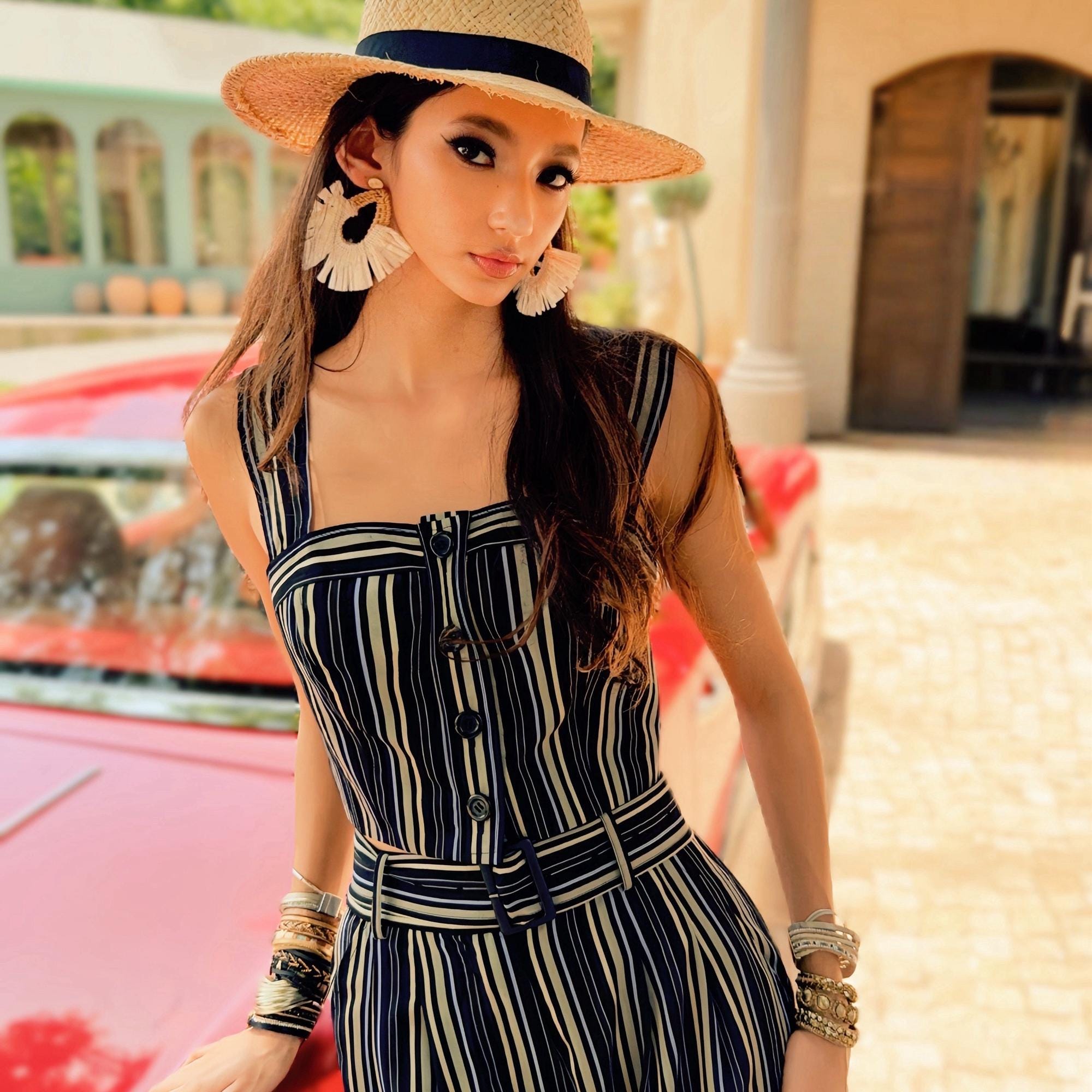 Boho Striped Crop Top, Natural-Fiber Blend Summer Bustier, Wide Strap Button Front Cropped Top