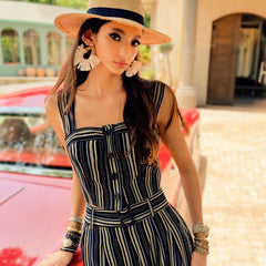 Boho Striped Crop Top, Natural-Fiber Blend Summer Bustier, Wide Strap Button Front Cropped Top