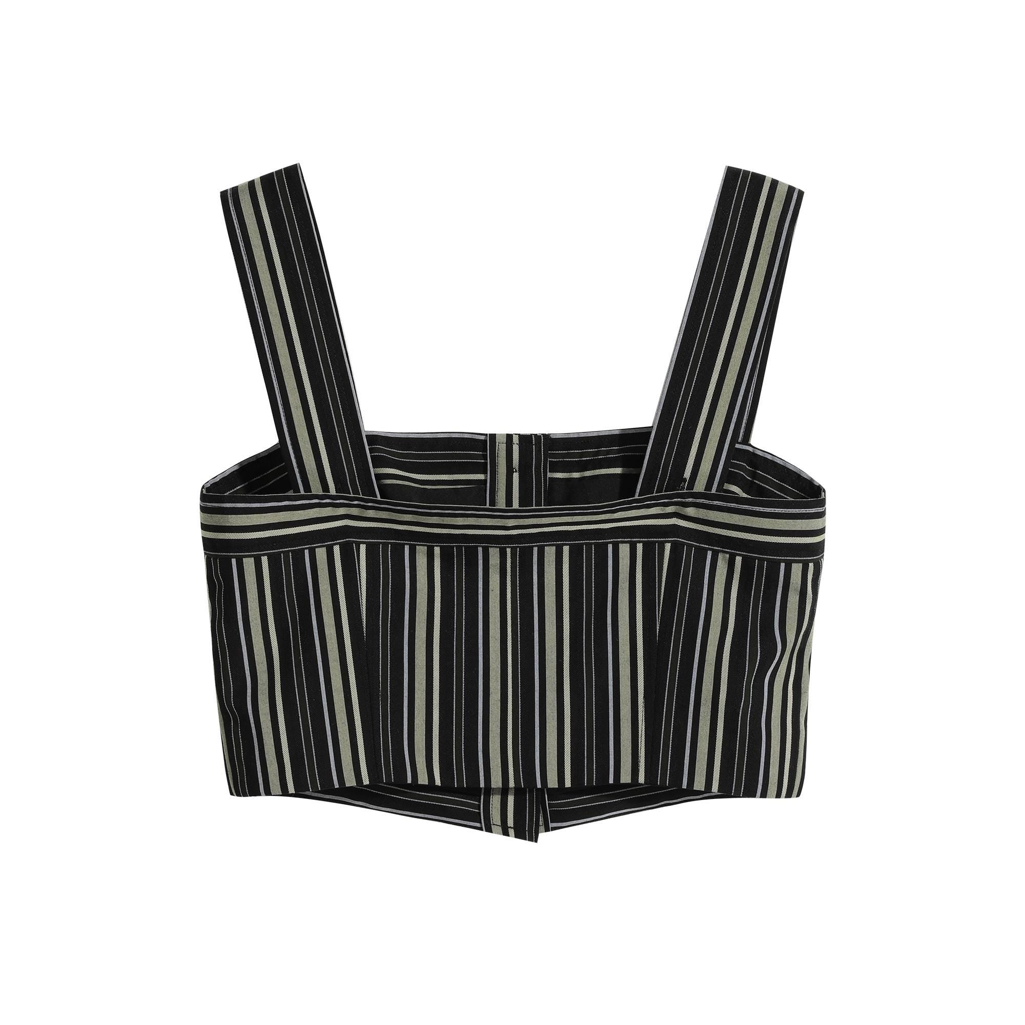 Boho Striped Crop Top, Natural-Fiber Blend Summer Bustier, Wide Strap Button Front Cropped Top