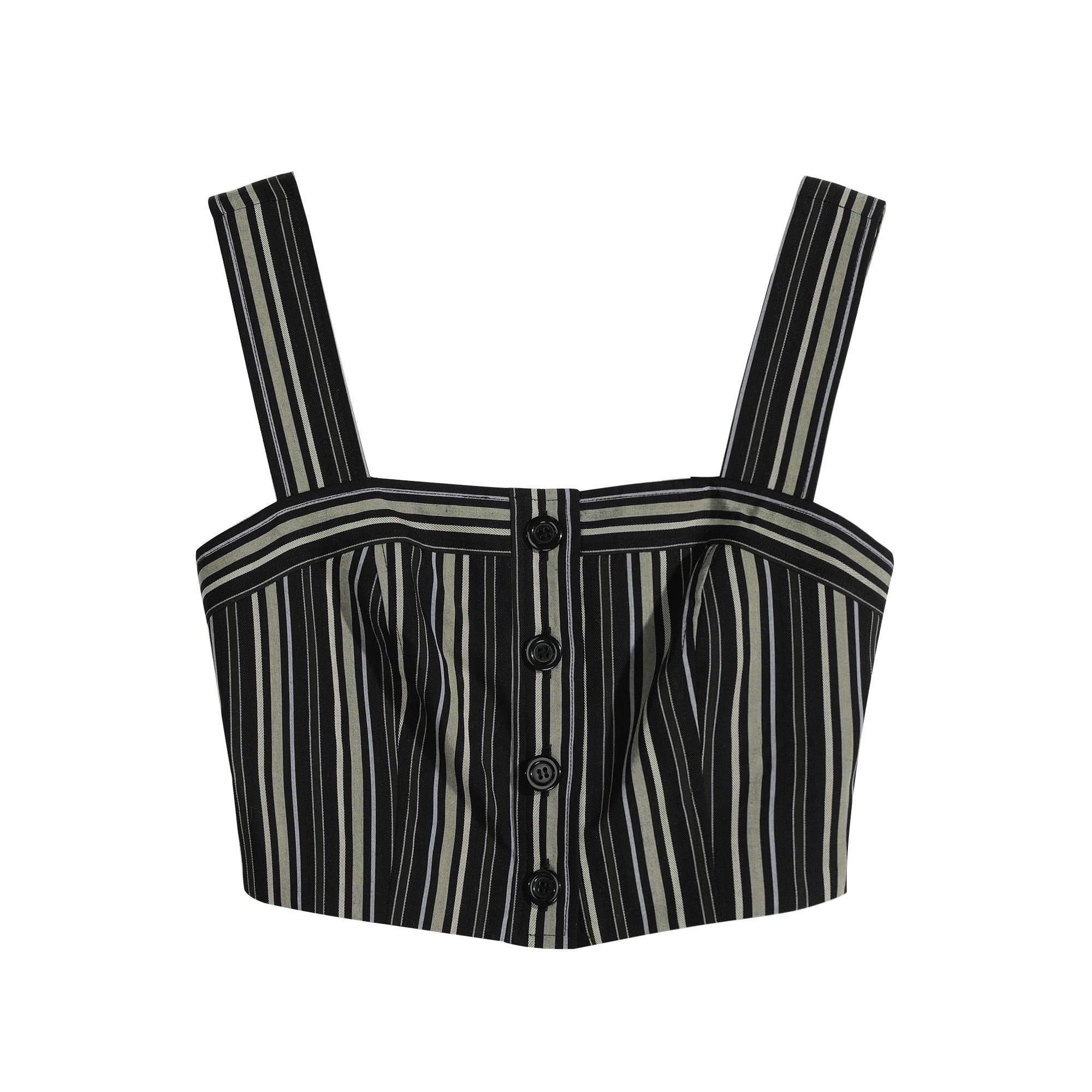 Boho Striped Crop Top, Natural-Fiber Blend Summer Bustier, Wide Strap Button Front Cropped Top